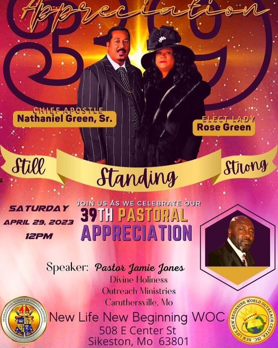 Friends and Fam…GET READYβοΈGET READYβΌοΈ GET READYβΌοΈβΌοΈ
π¨π¨π¨ Mark your calendars for April 29th π¨π¨π¨
We will be celebrating ours leaders, Chief Apostle Nathaniel Green, Sr. and Elect Lady Rose Green, as they embark upon 39 years of Pastorin