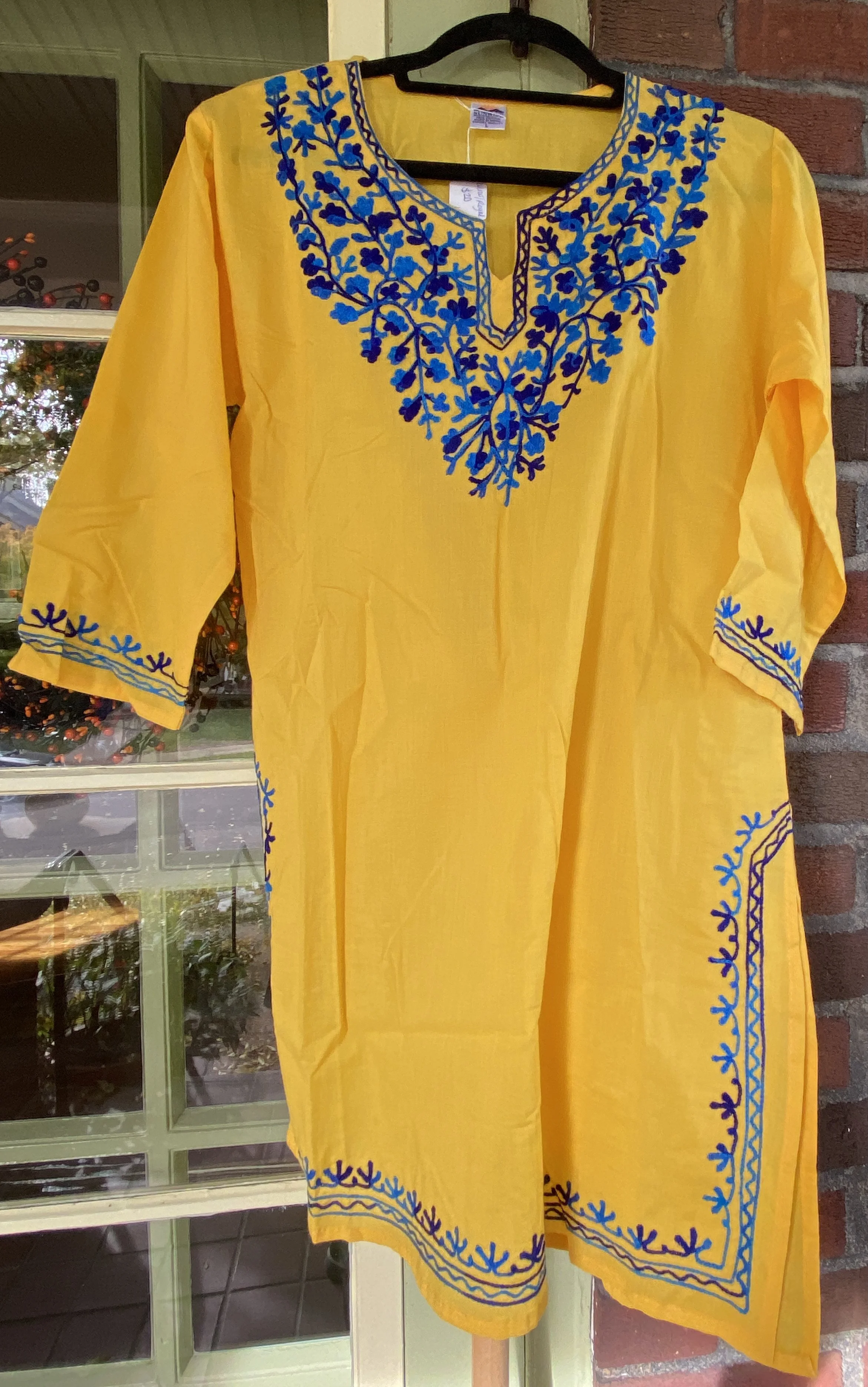 Women's Blue Embroidered Yellow Tunic Large