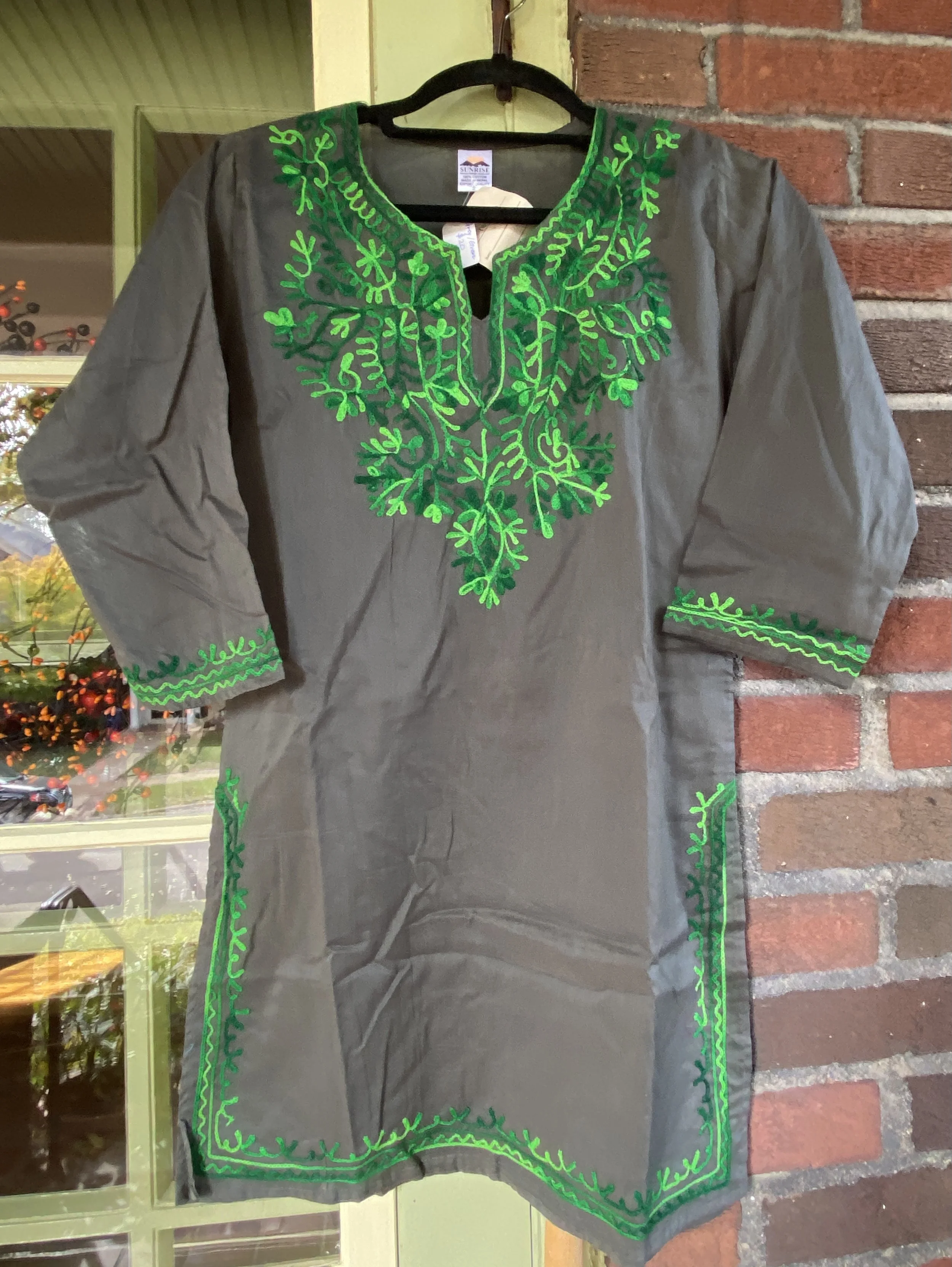 Women's Green Embroidered Gray Tunic Small