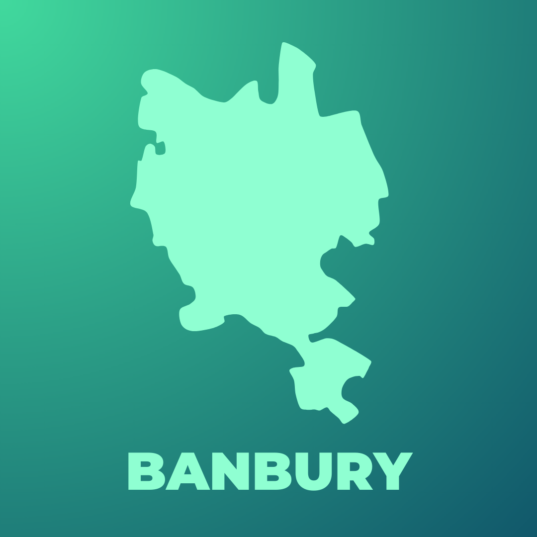 Light green stylised map of Banbury on a dark green background