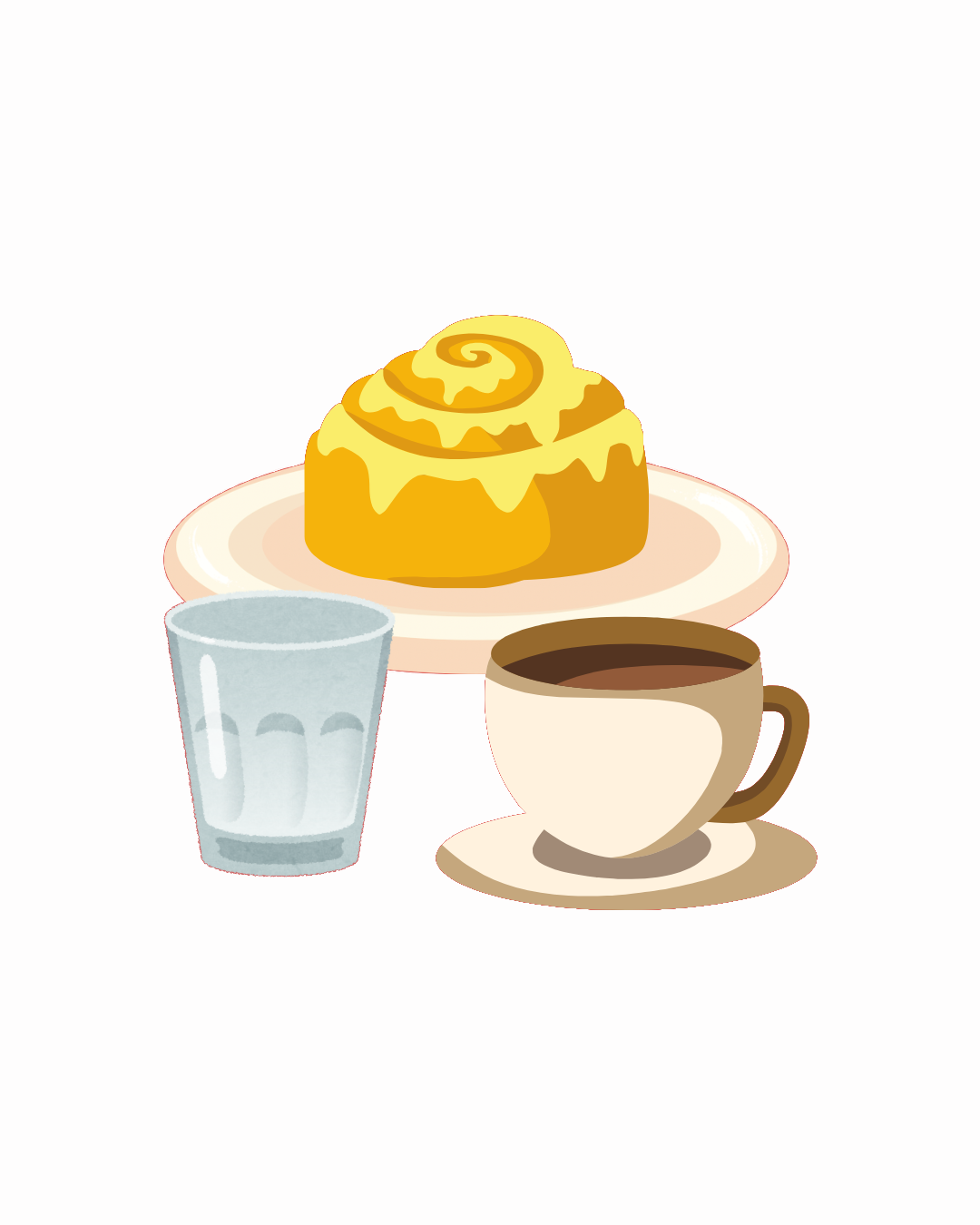 Cinnamon bun on plate, glass of water and cup of coffee.
