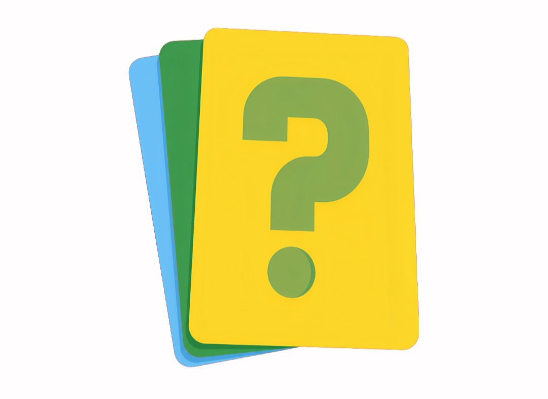 A stack of blue, green and yellow cards. The top card is yellow and has a green question mark on it.