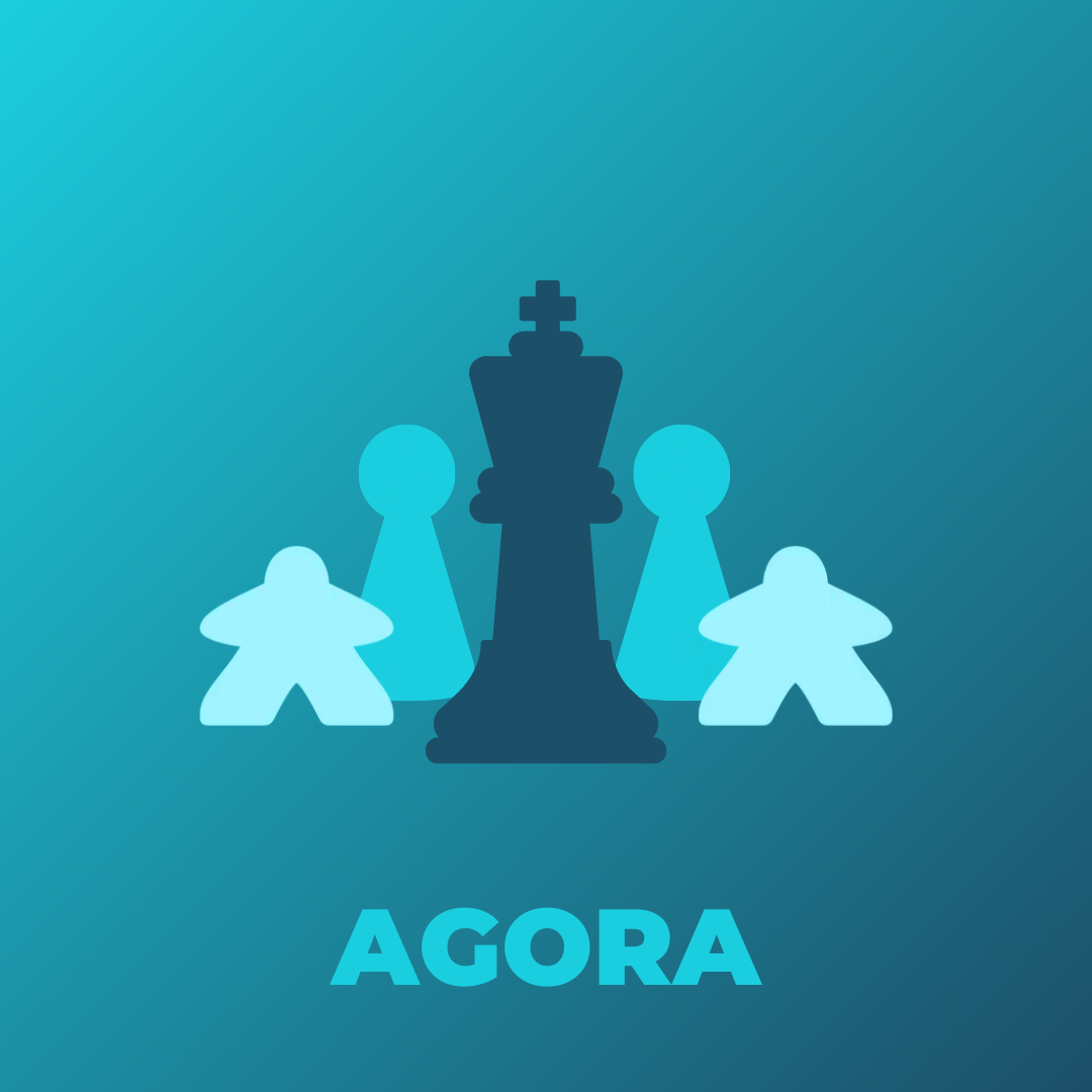 A dark blue king chess piece flanked by two board game pieces and two meeples, on a blue background