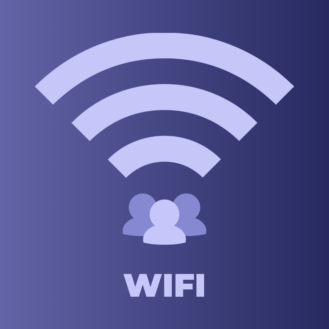 Three people below the wifi symbol on a purple background