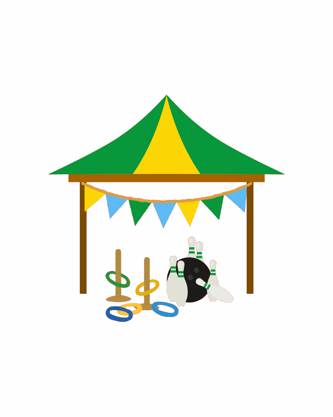 Green and yellow circus tent with yellow, green and blue bunting. Hoopla poles and rings, skittles and bowling ball inside the tent.