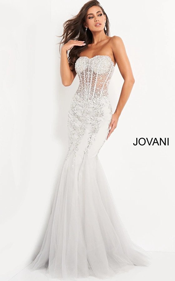 Jovani 3675 Prom Dress Sheer Corset Shimmer Mermaid Pageant Gown – Glass  Slipper Formals