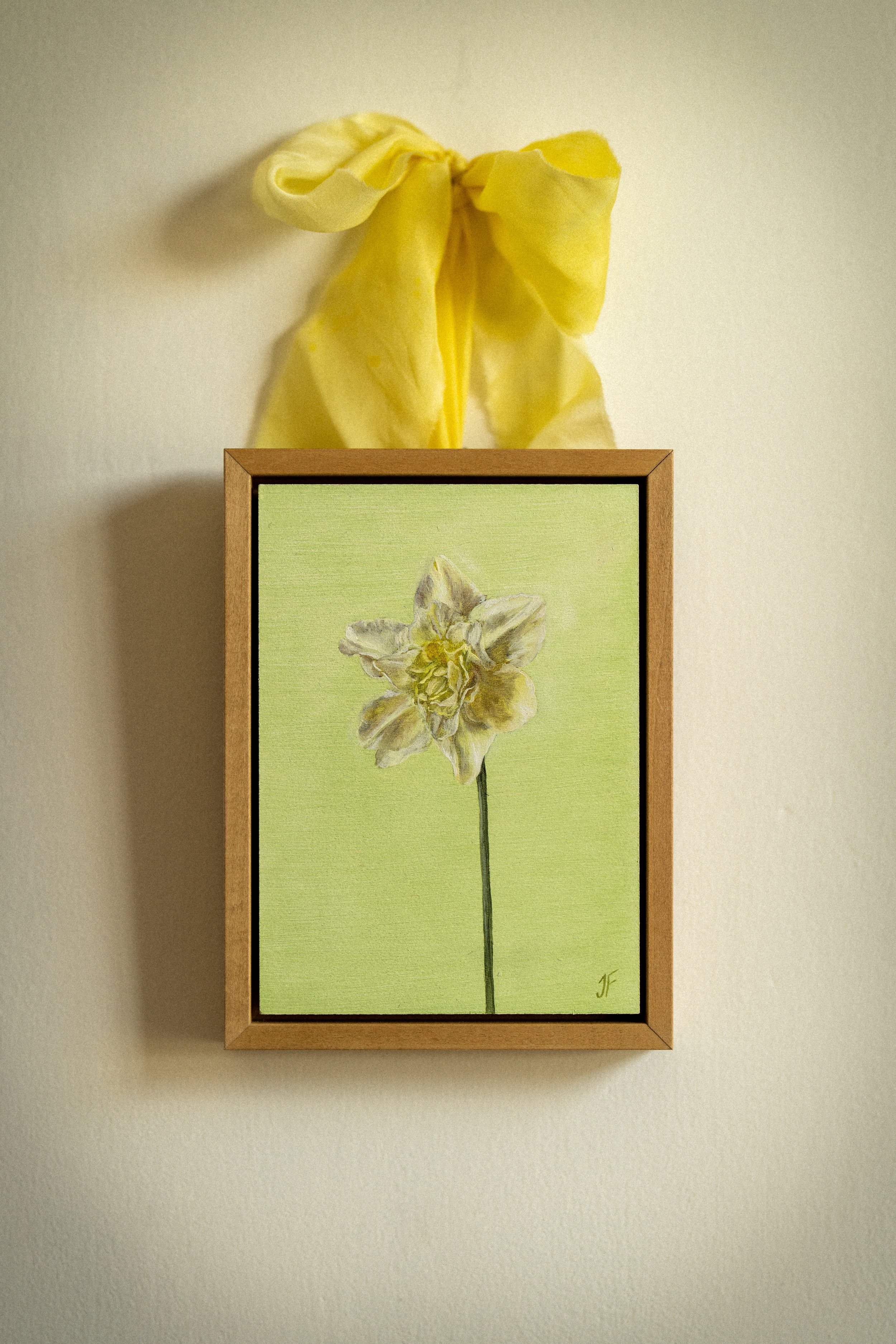 Daffodil Bridal Charm, Oil on board with botanically dyed ribbon, 4 x 6 inches, 2025