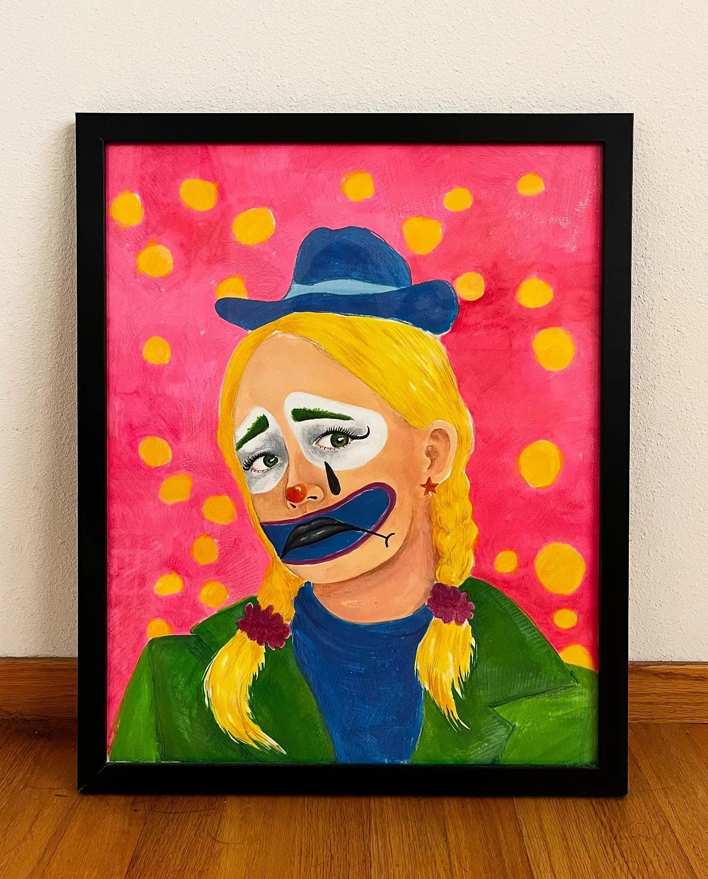 Self-Portrait as a Clown (2026), gouache and colored pencil. Followed by the original (circa ~2000), washable tempera paint.