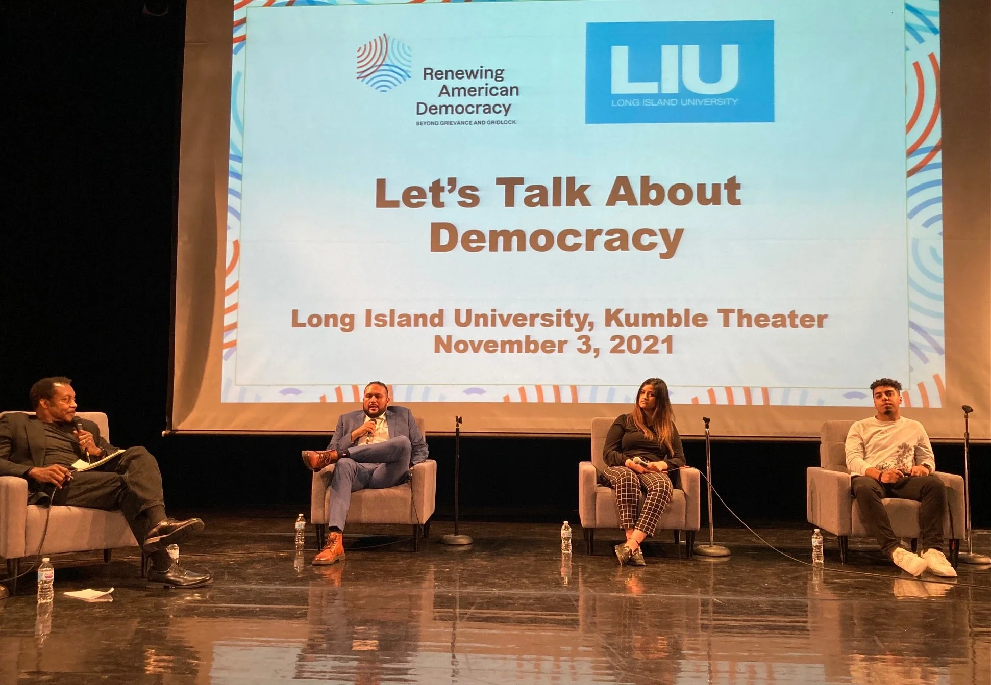 LIU students Vladimir Tobar, Shivani Vaidya and Abdullah Akl spoke about what democracy means to them,  the most critical pathways forward, and how to improve civic participation among young people in America.