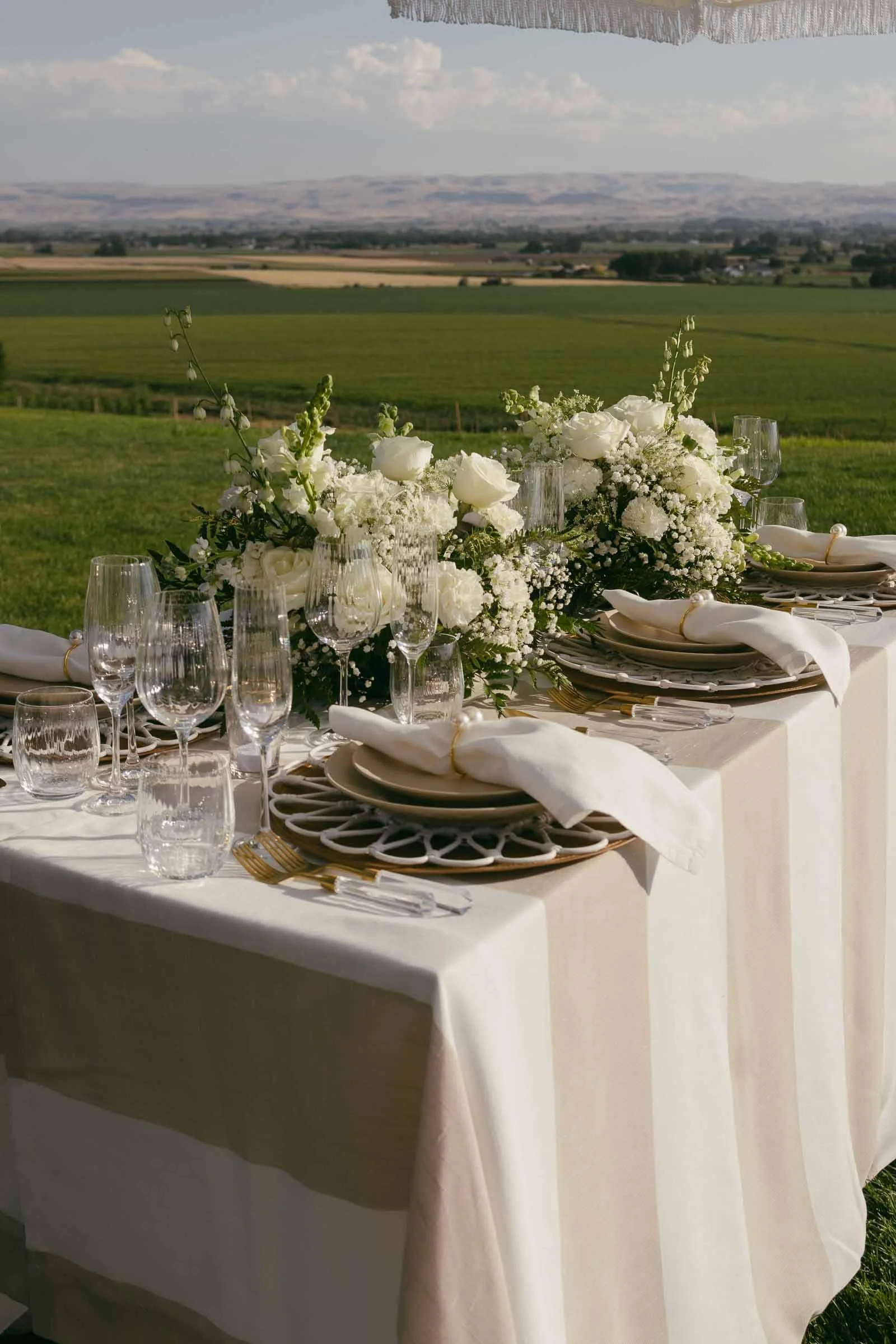  A beautifully set outdoor dining table with white and beige striped tablecloth, elegant glassware, white plates, napkins, and lush white flower centerpieces, overlooking a scenic green landscape and distant hills. 