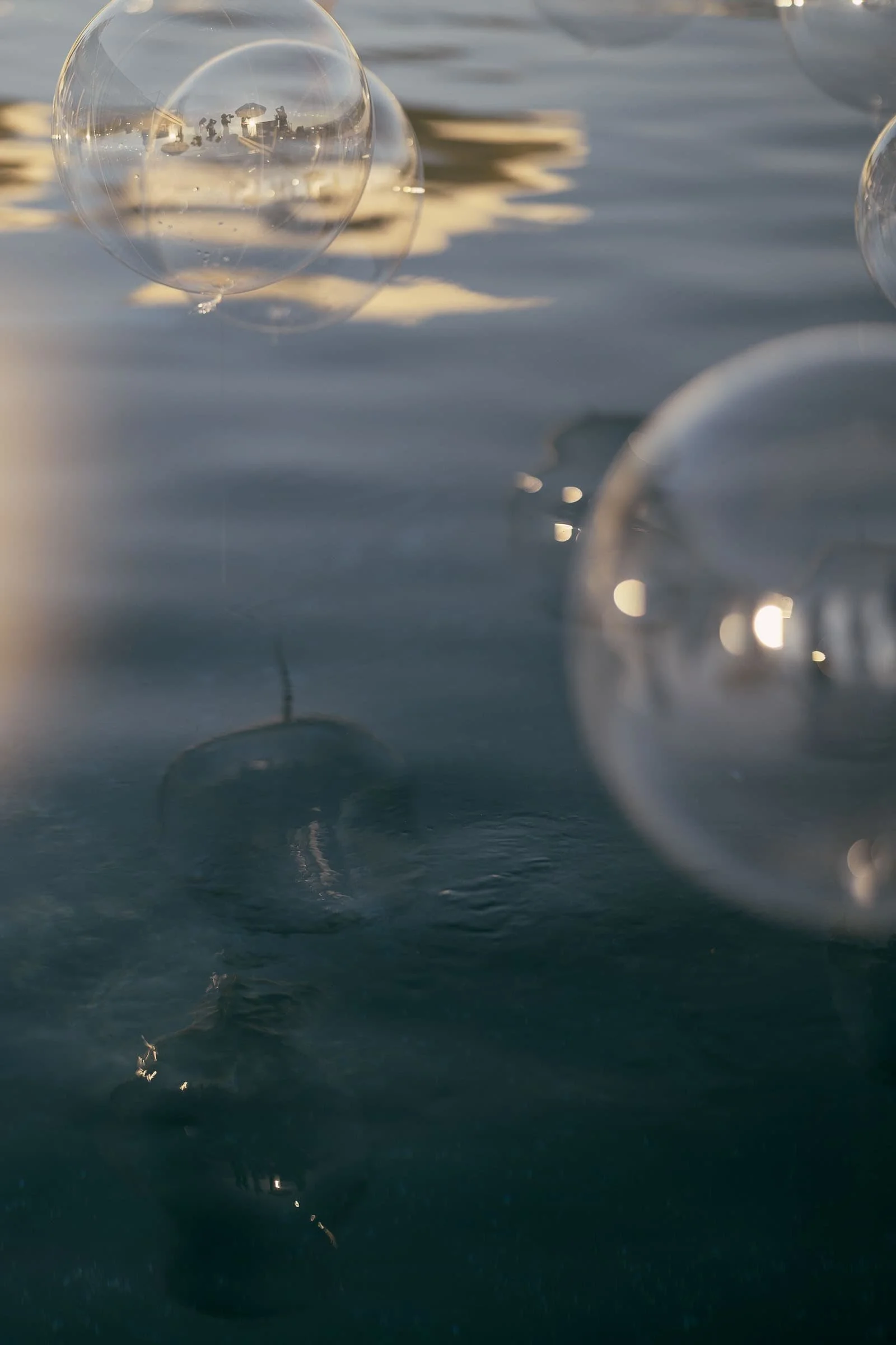  Transparent bubbles float above calm, dark water reflecting soft sunlight, creating a serene and dreamy atmosphere. Some bubbles are in sharp focus, while others appear blurred in the foreground and background. 