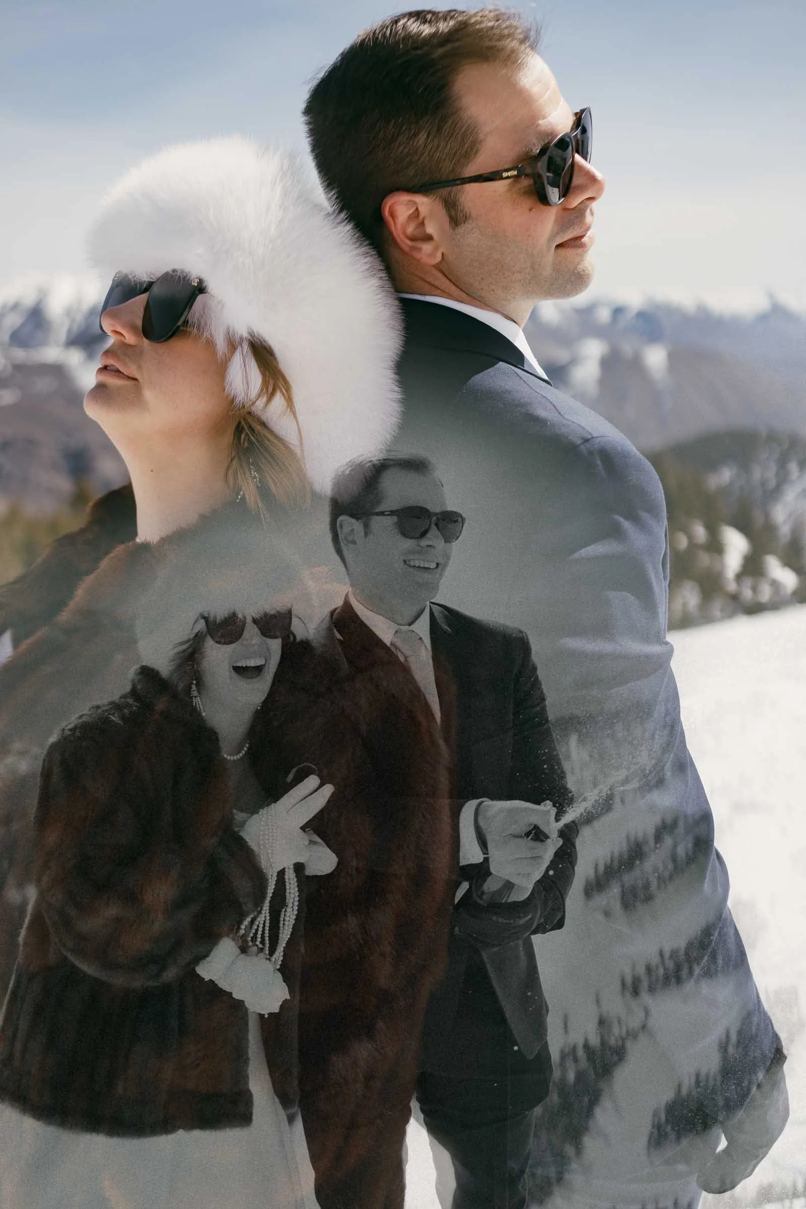  A man and woman in winter attire, wearing sunglasses, stand back to back in a snowy mountain landscape. Overlaid is a black-and-white photo of them laughing together, dressed warmly, suggesting joyful memories. 