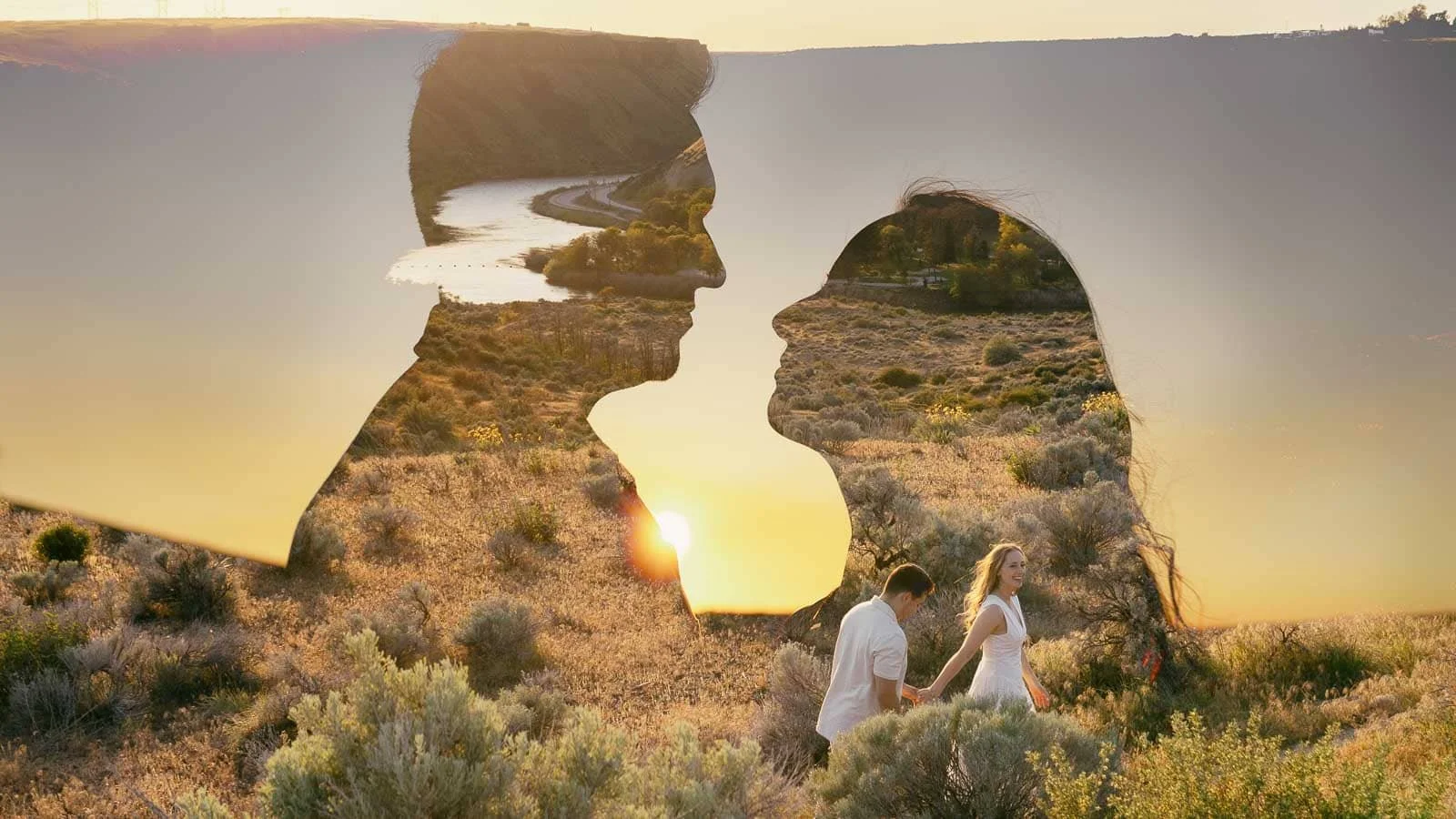 A double exposure photograph layers the silhouettes of a man and woman standing face to face over a landscape of a river, rolling hills, and a glowing sunset sky.  Below the silhouettes, the same couple walks together through a bright, open field.