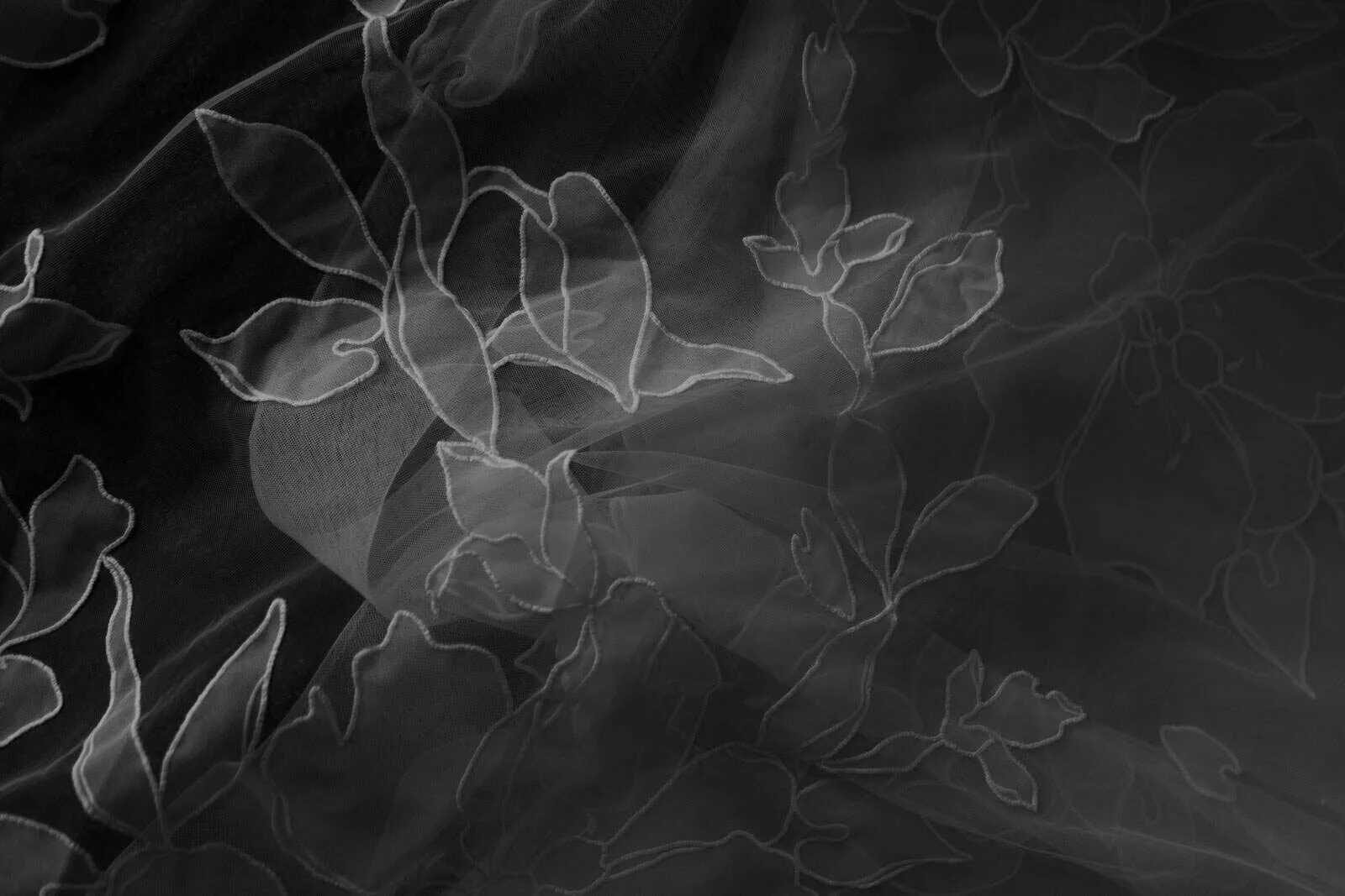  Translucent fabric with delicate, white floral embroidery, softly draped and layered, creating a dreamy, textured pattern against a dark background. 