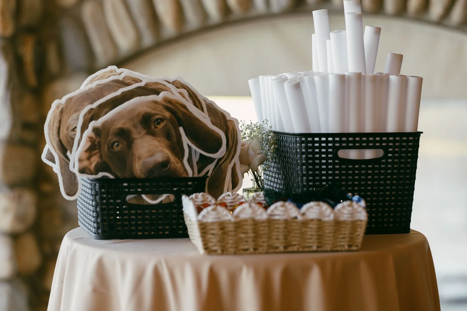  A table displays a basket of cupcakes, rolled white papers in a black basket, and a cutout of a dog’s face in another basket, set against a stone background. 