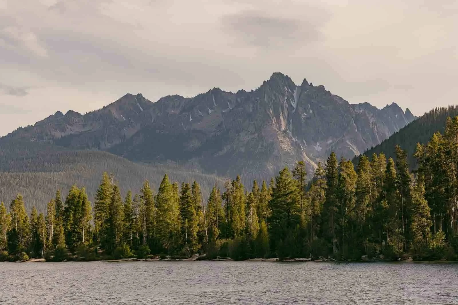  A calm lake with a dense pine forest along the shoreline and rugged, jagged mountains rising in the background under a cloudy sky. 