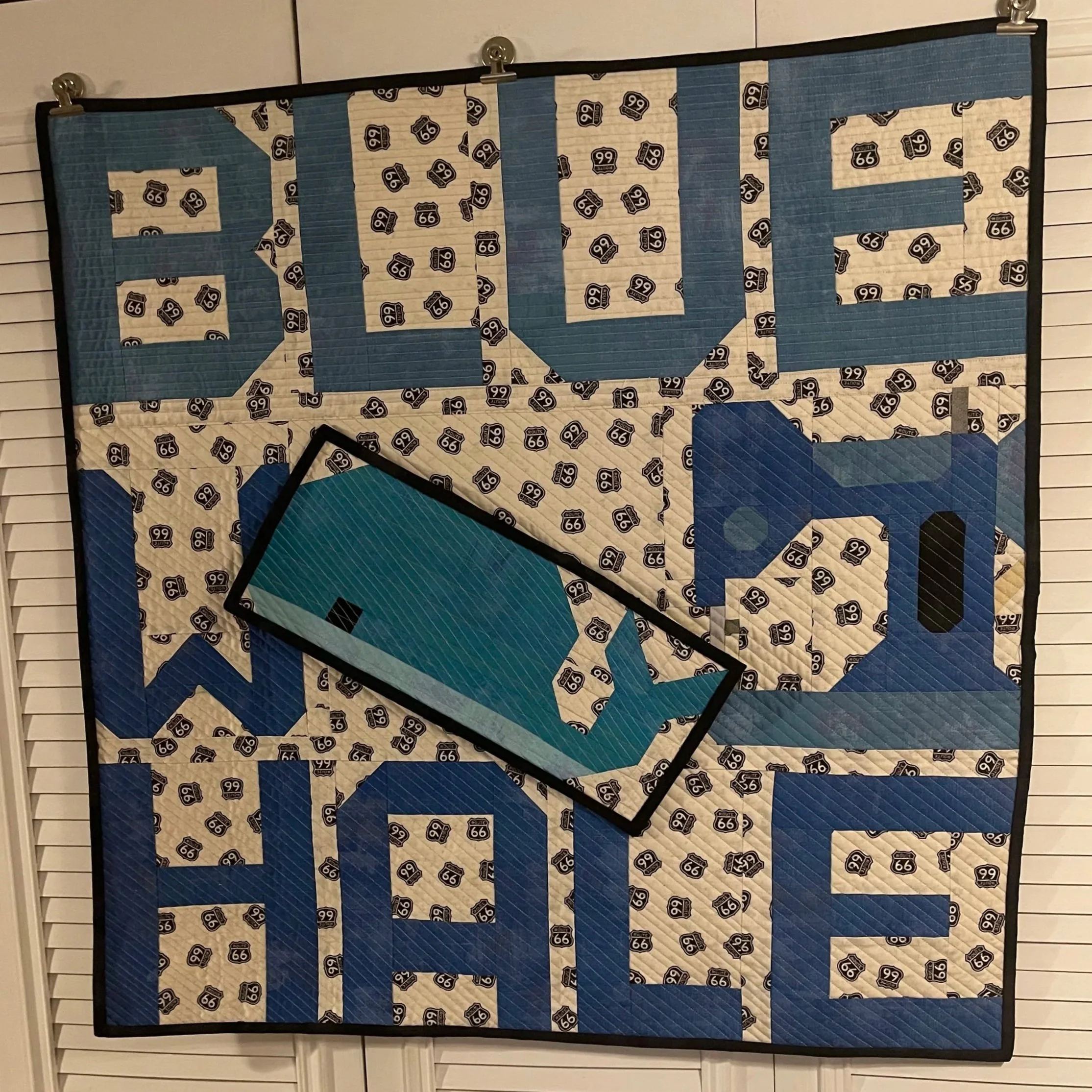 Always Looked Turquoise to Me!
by Danny Cook
*
My quilt was inspired by childhood visits to the Blue Whale in Catoosa, which I always remembered as turquoise rather than blue. Using Moda Grunge blues and turquoise fabrics and Route 66 prints, I combi