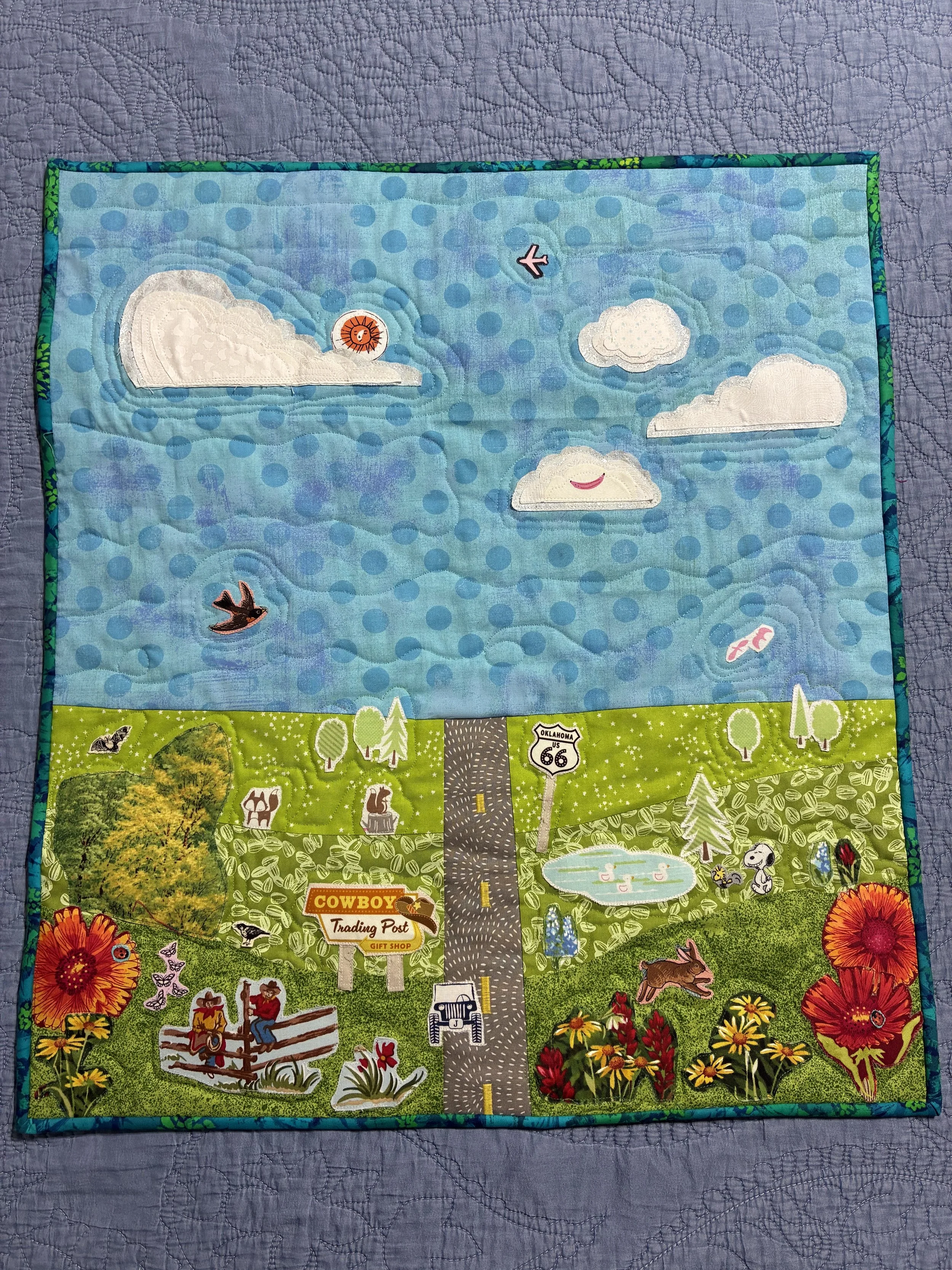 Kim's Route 66
by Kim Rivas
*
I chose to make a quilt from my perspective as a biologist/botanist. My favorite parts of any roadway are the unmowed shoulders when they are in full bloom. RT66 has some great offerings across Oklahoma.