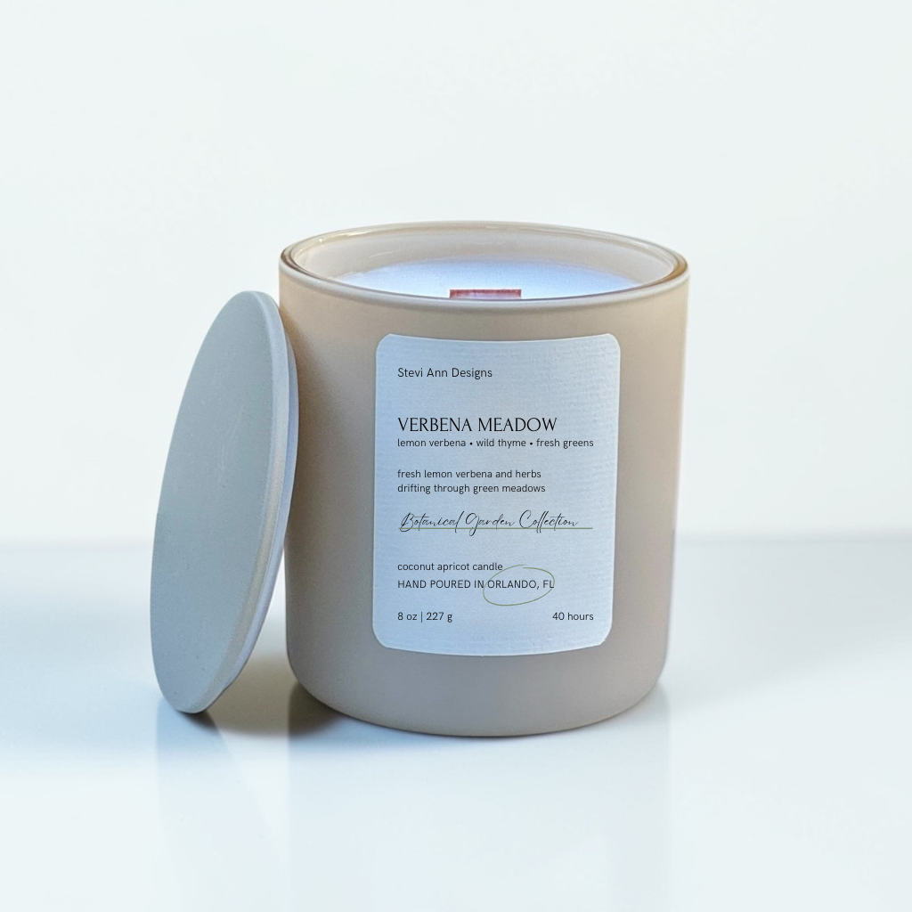 Stevi Ann Designs_Verbena Meadow candle 8 oz lid off.png