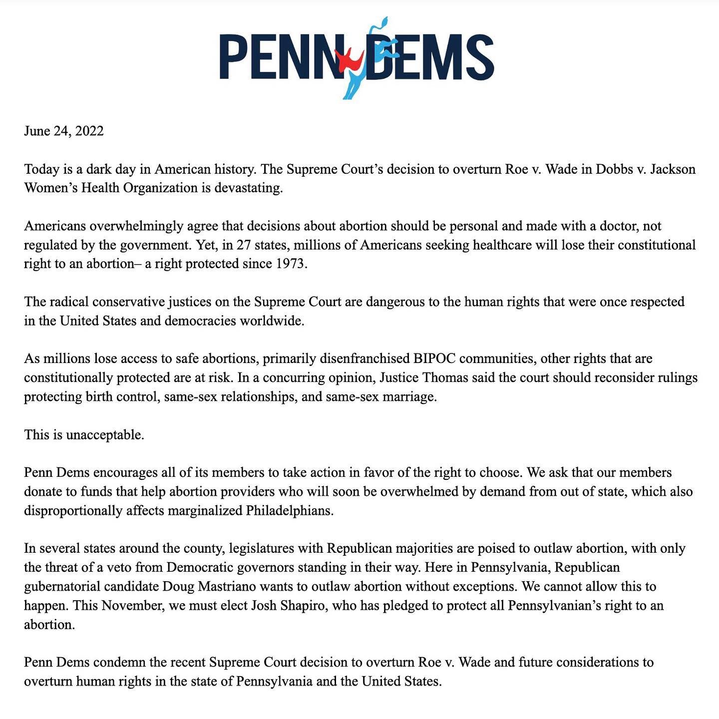 Penn Dems condemn the recent Supreme Court decision to overturn Roe v. Wade