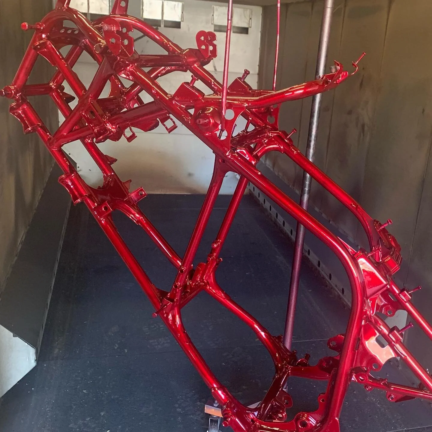 Banshee frame fresh out of the oven in illusion cherry. #banahee #frame #powdercoating #4wheeler #lawrenceville #custom