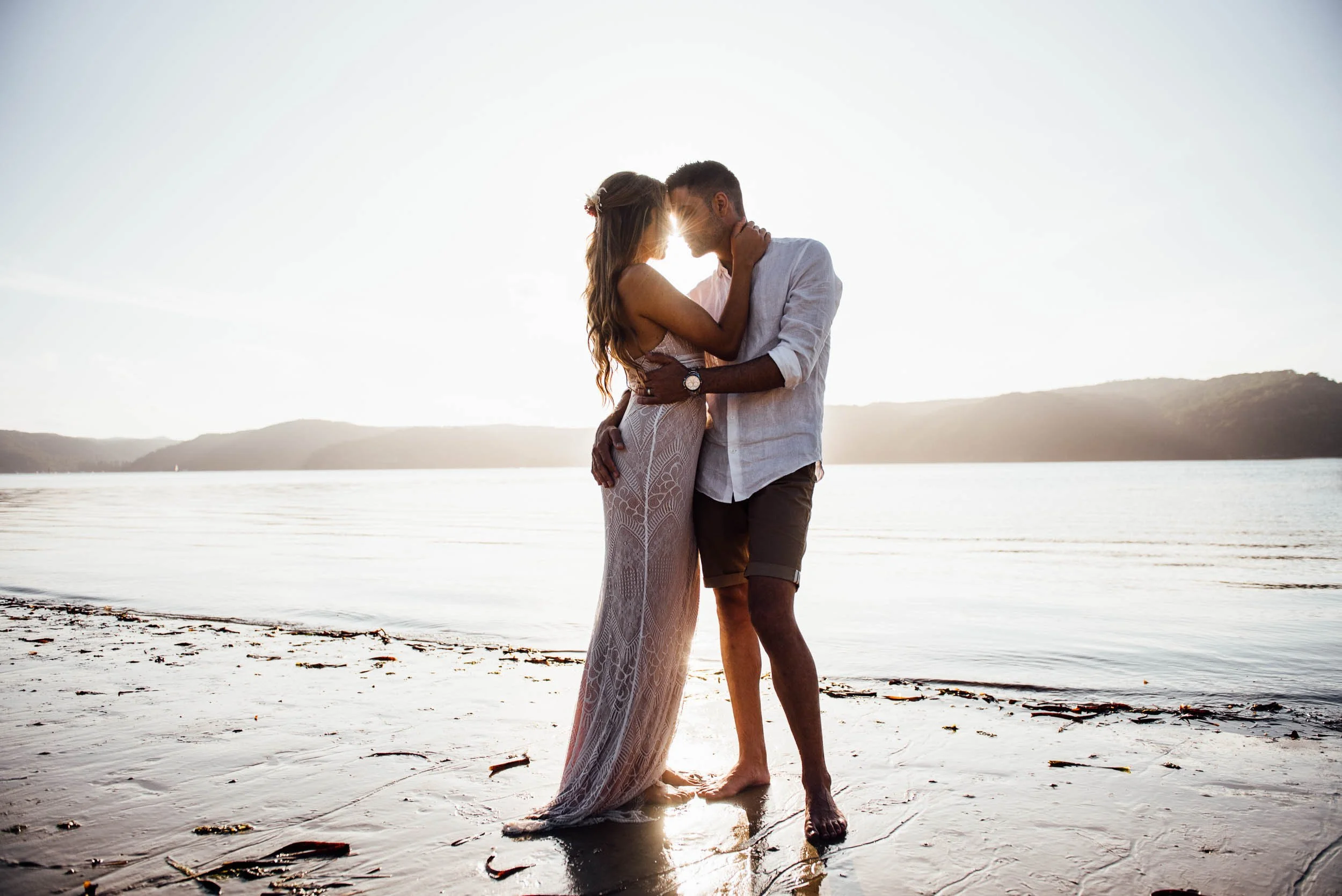 sunset beach photoshoot of couple in Pittwater