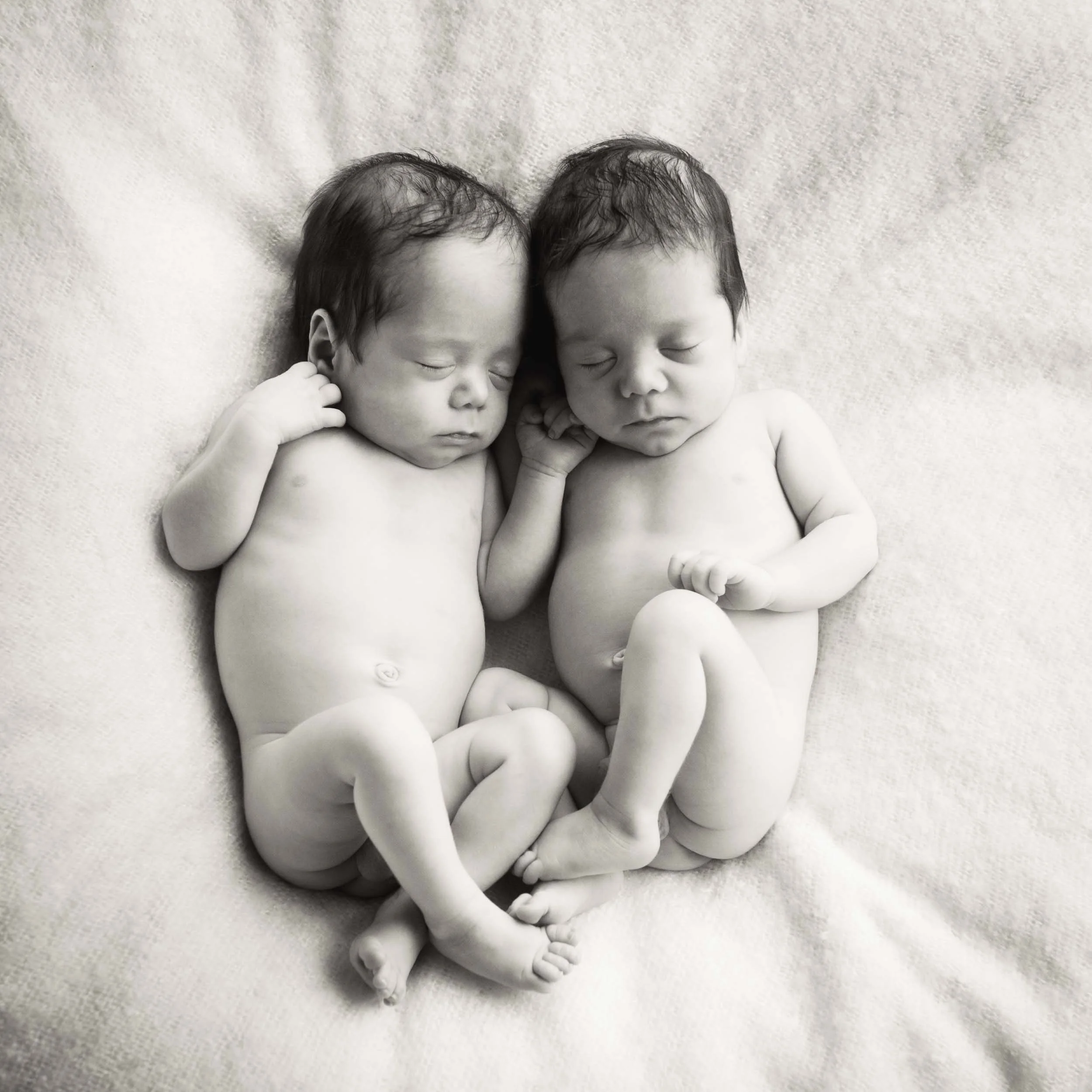 twin newborn photoshoot of sleeping babies cuddling together