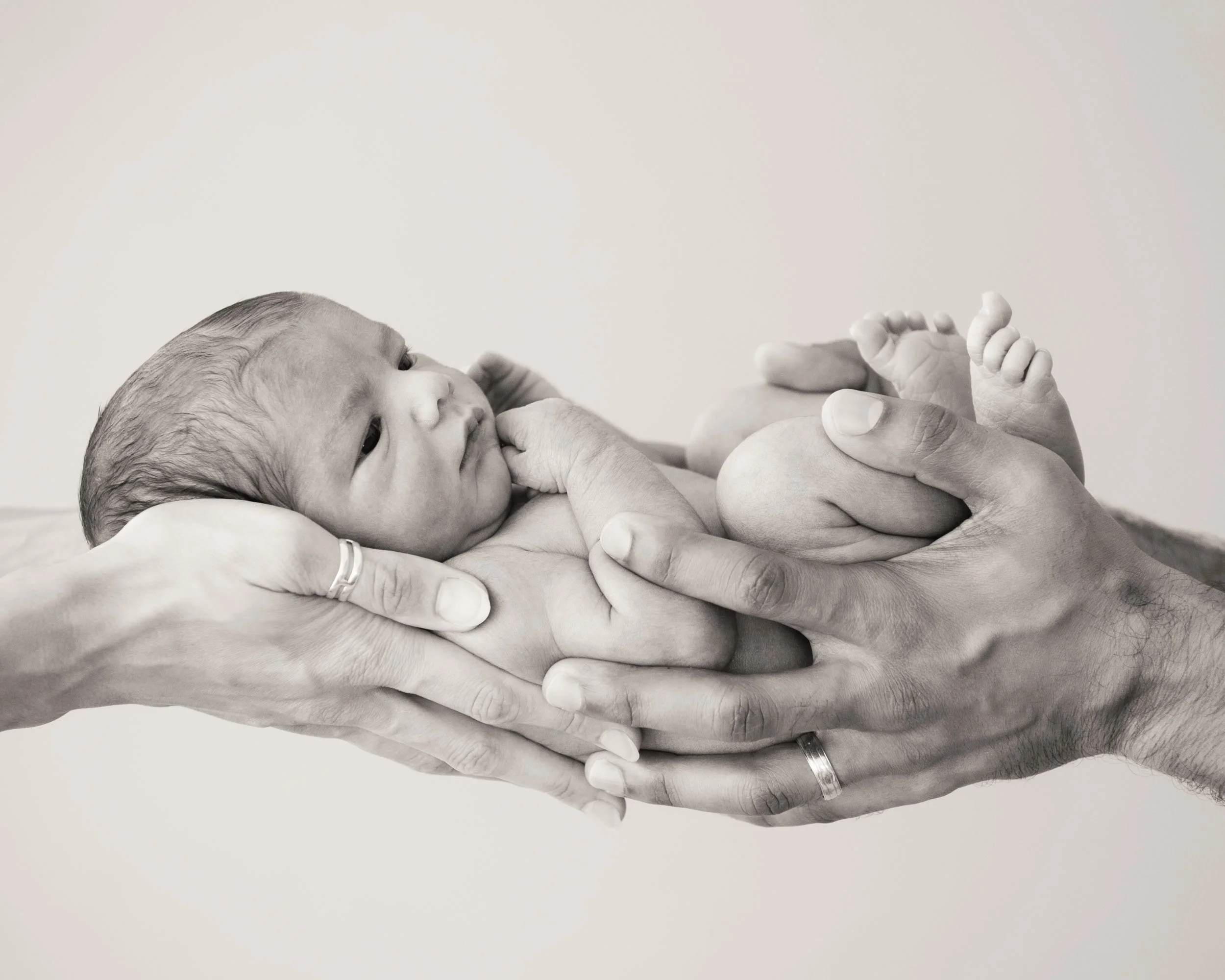 newborn held in parent's hands for a newborn photography shoot