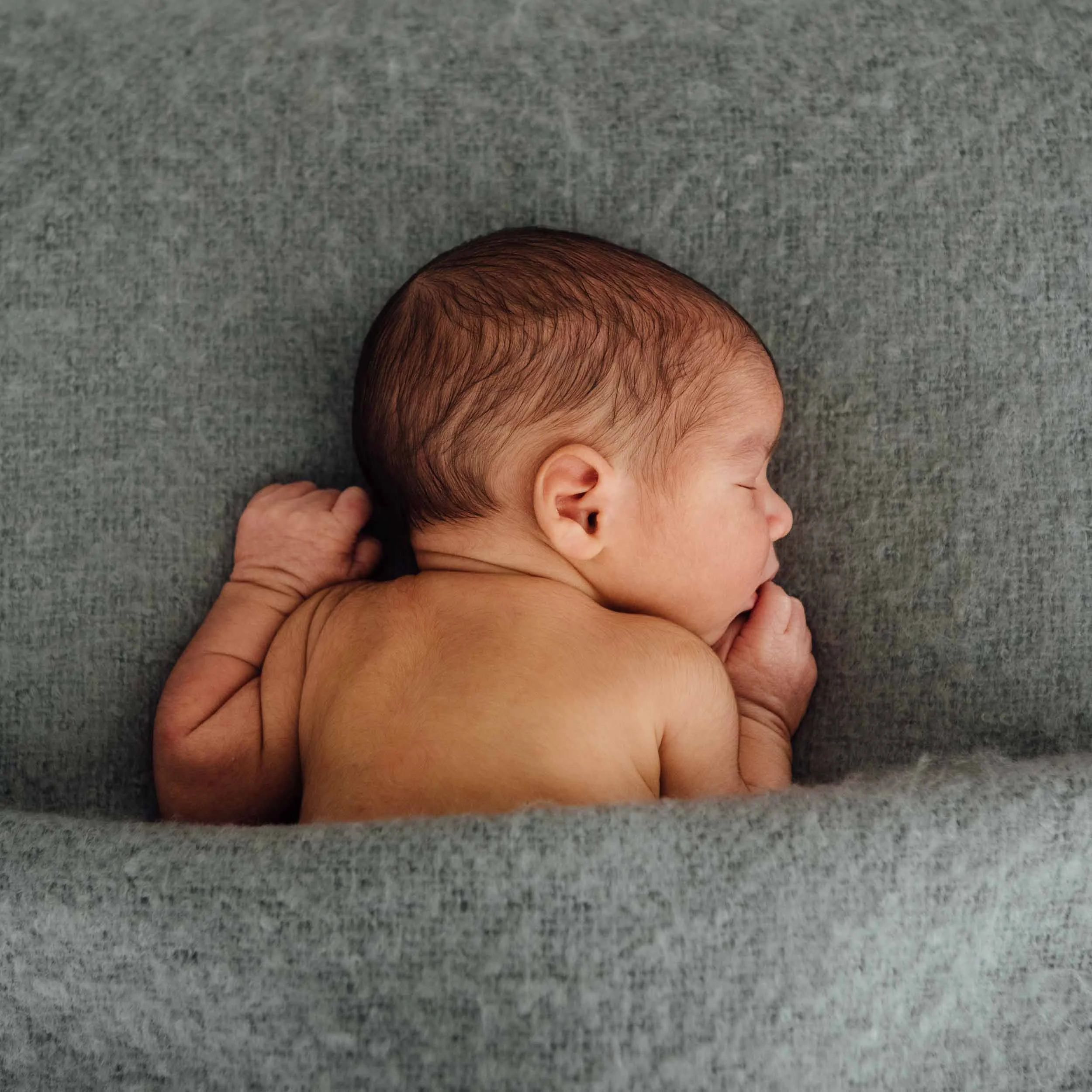 newborn photography of sleeping baby in soft grey blanket