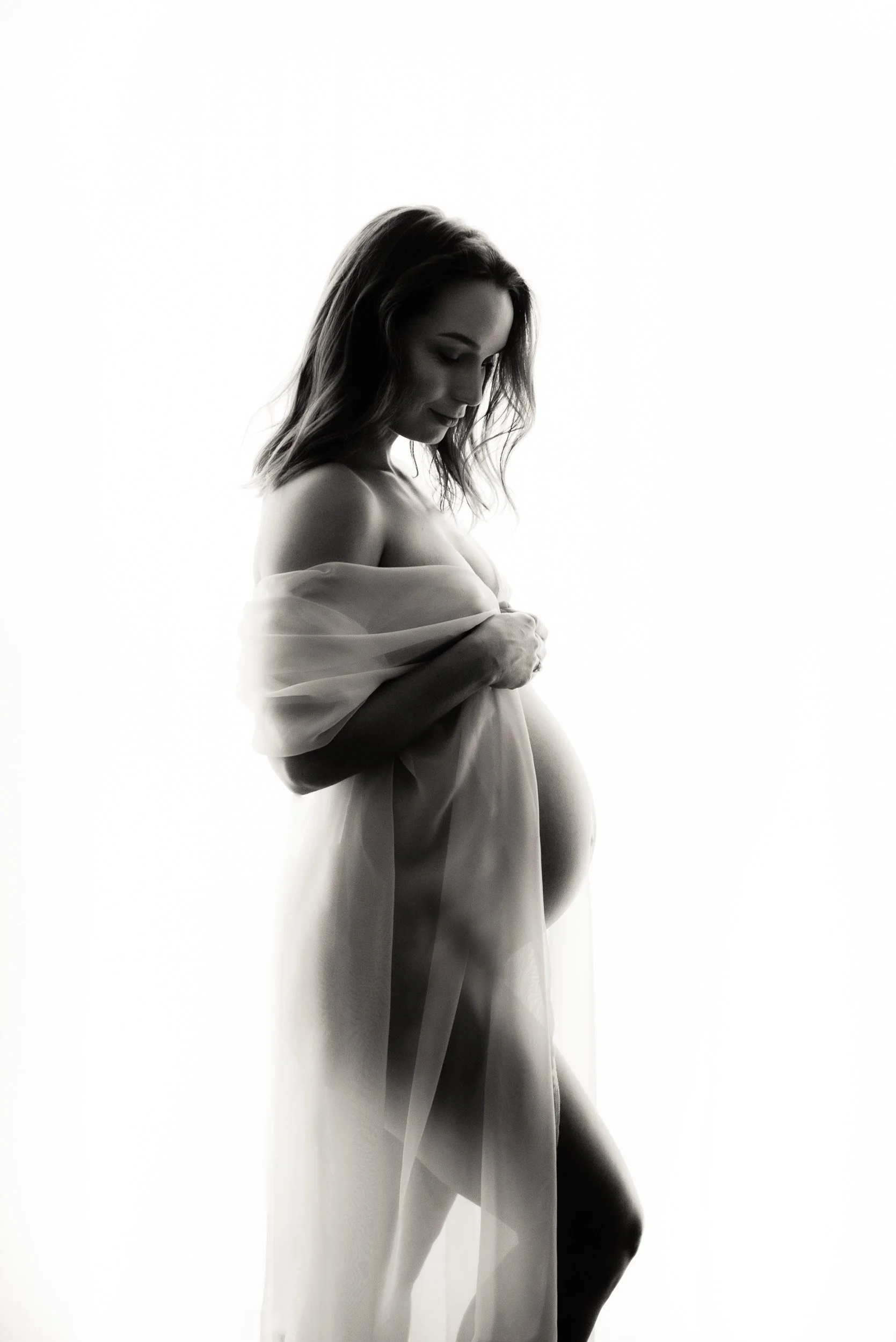 silhouette maternity photography of a woman in chiffon-draped material 
