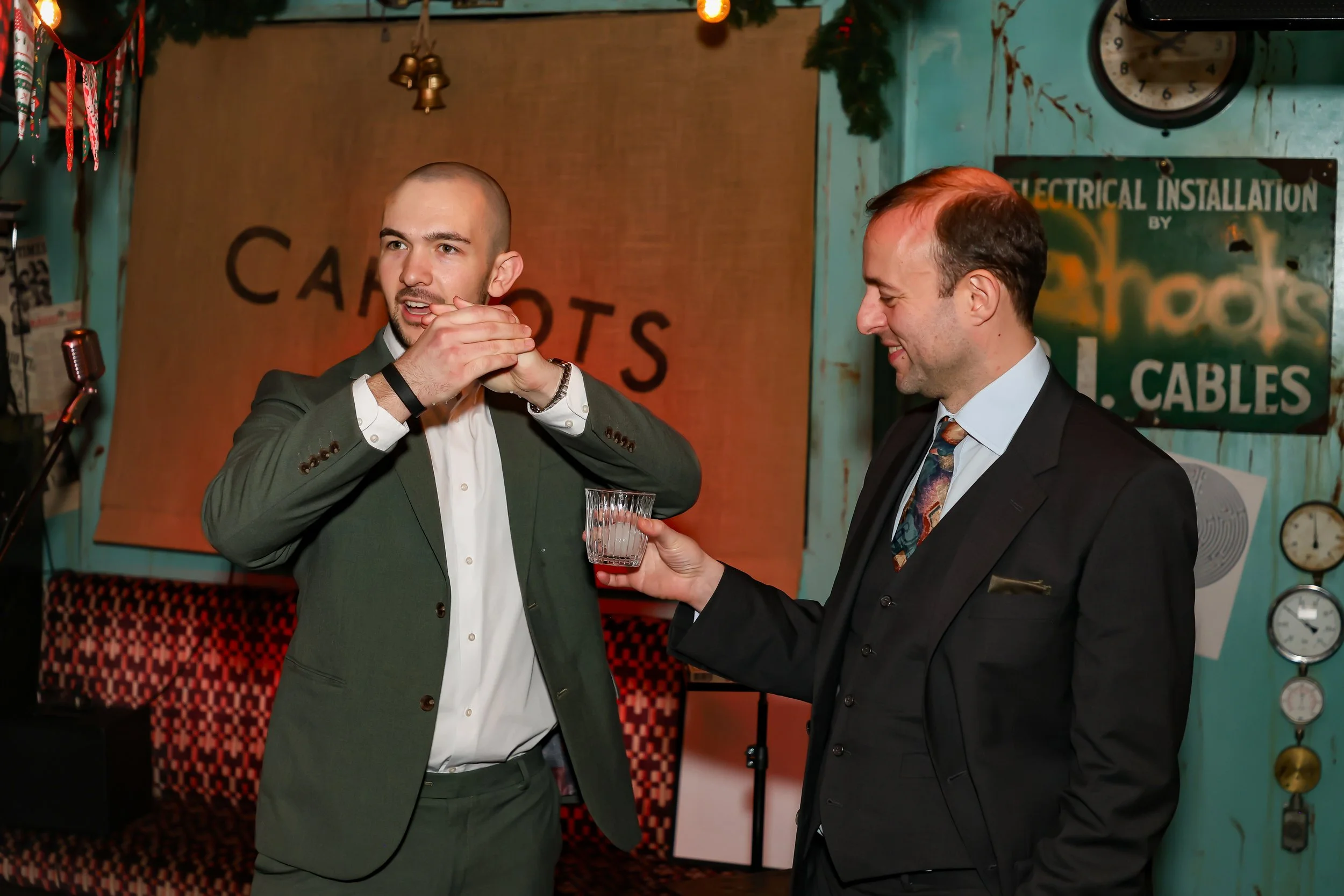 Interactive fire and ice magic entertaining guests at a corporate reception.