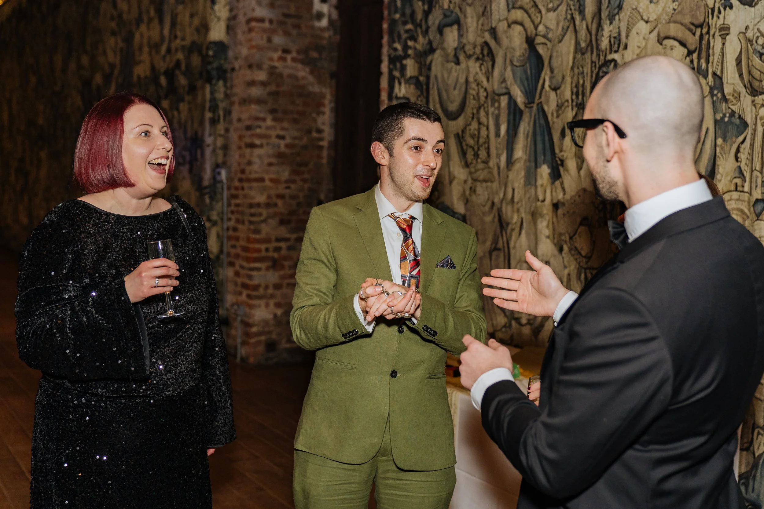 Magician engaging guest with interactive illusions and creating a lively, memorable experience.