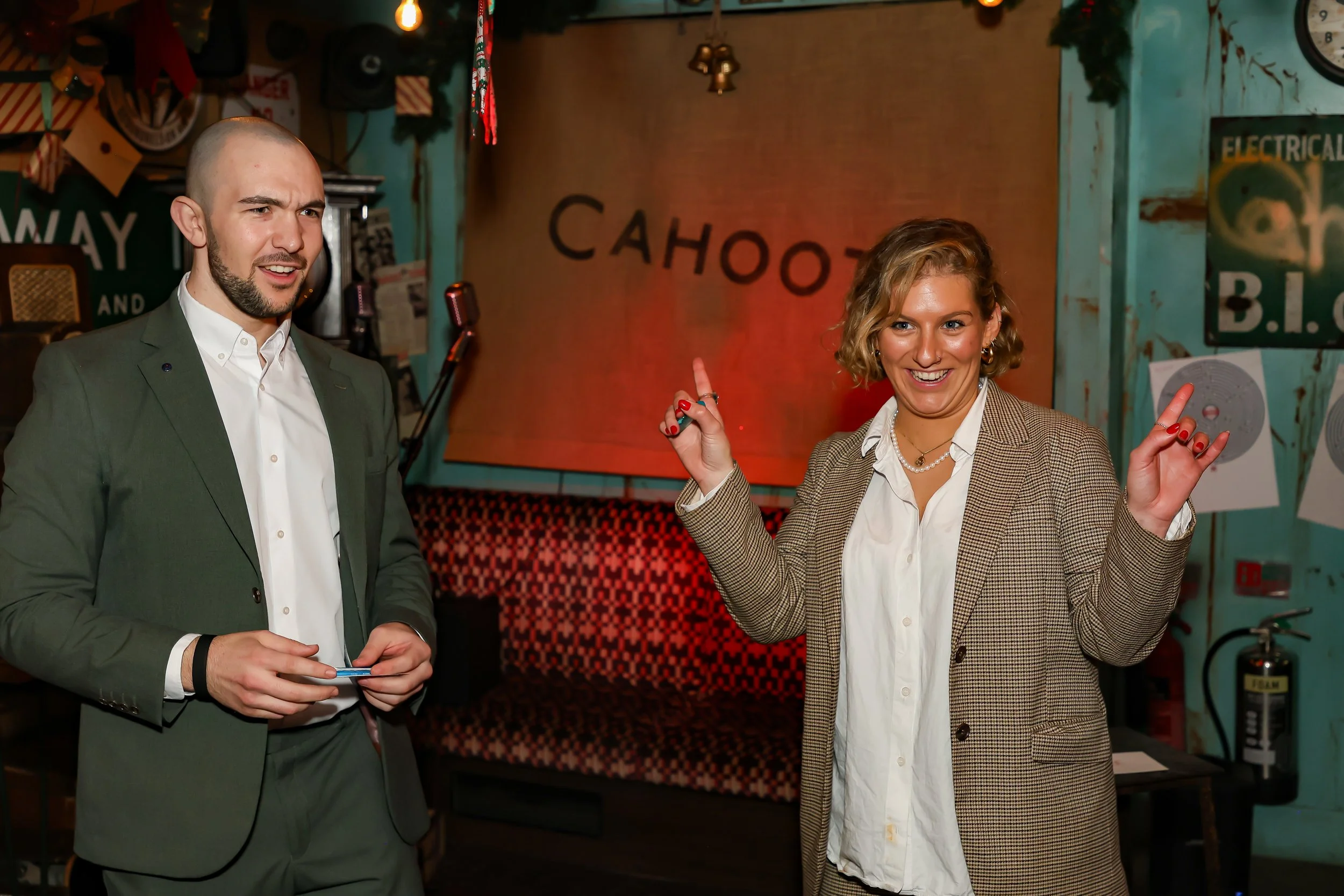 Interactive fire magic entertaining guest at a corporate reception.