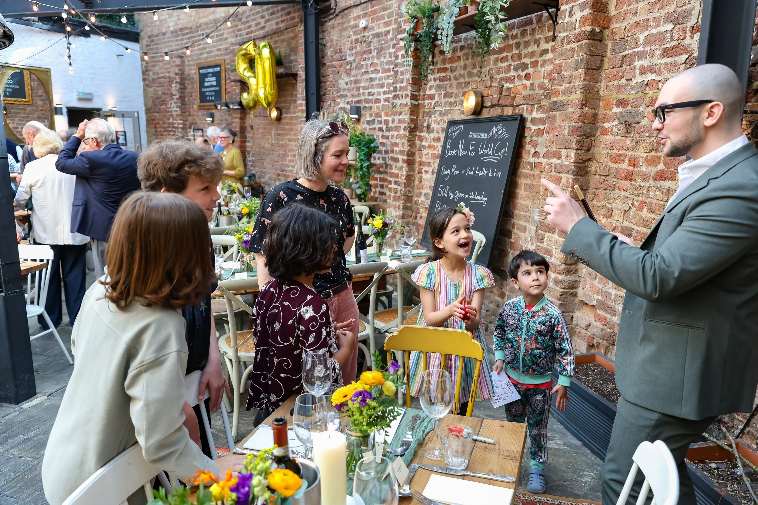 Kids loves to participate t with the amazing magician. 2026-May 3 Rhoda & Baruch Golden Wedding Anniversary. 