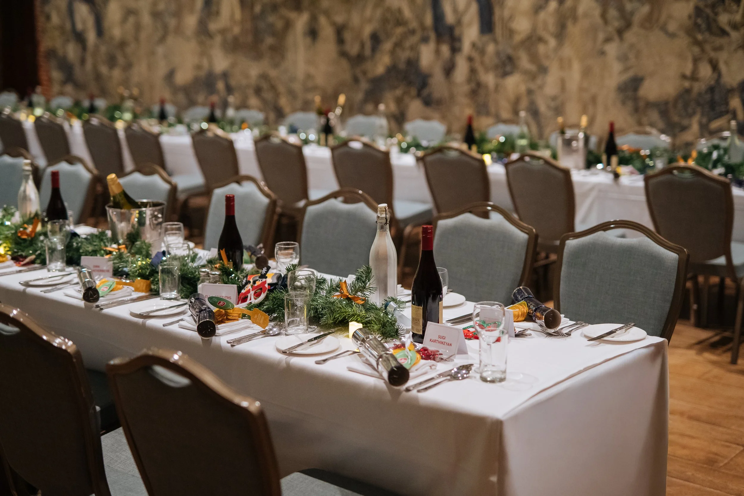 Elegant table arrangement prepared for a London corporate gala dinner.