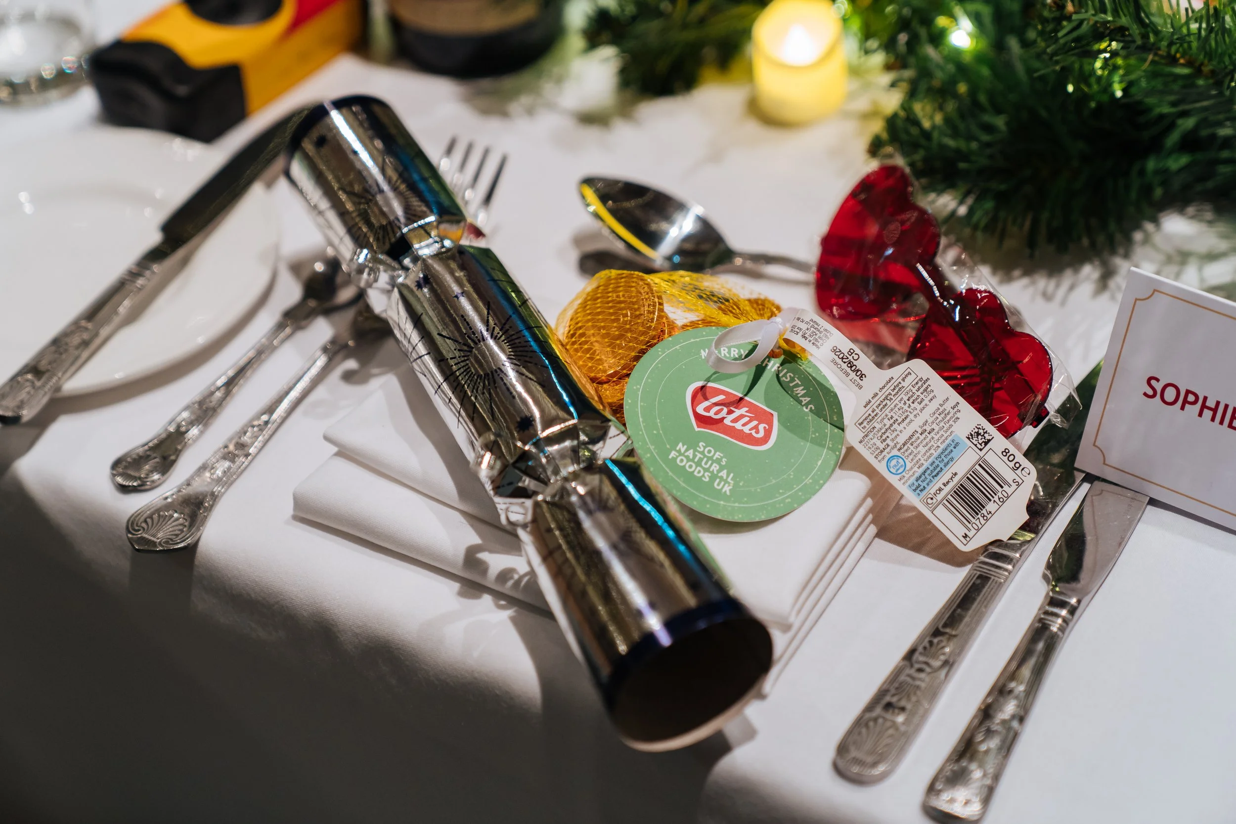 Formal corporate reception table setting at a London business event.
