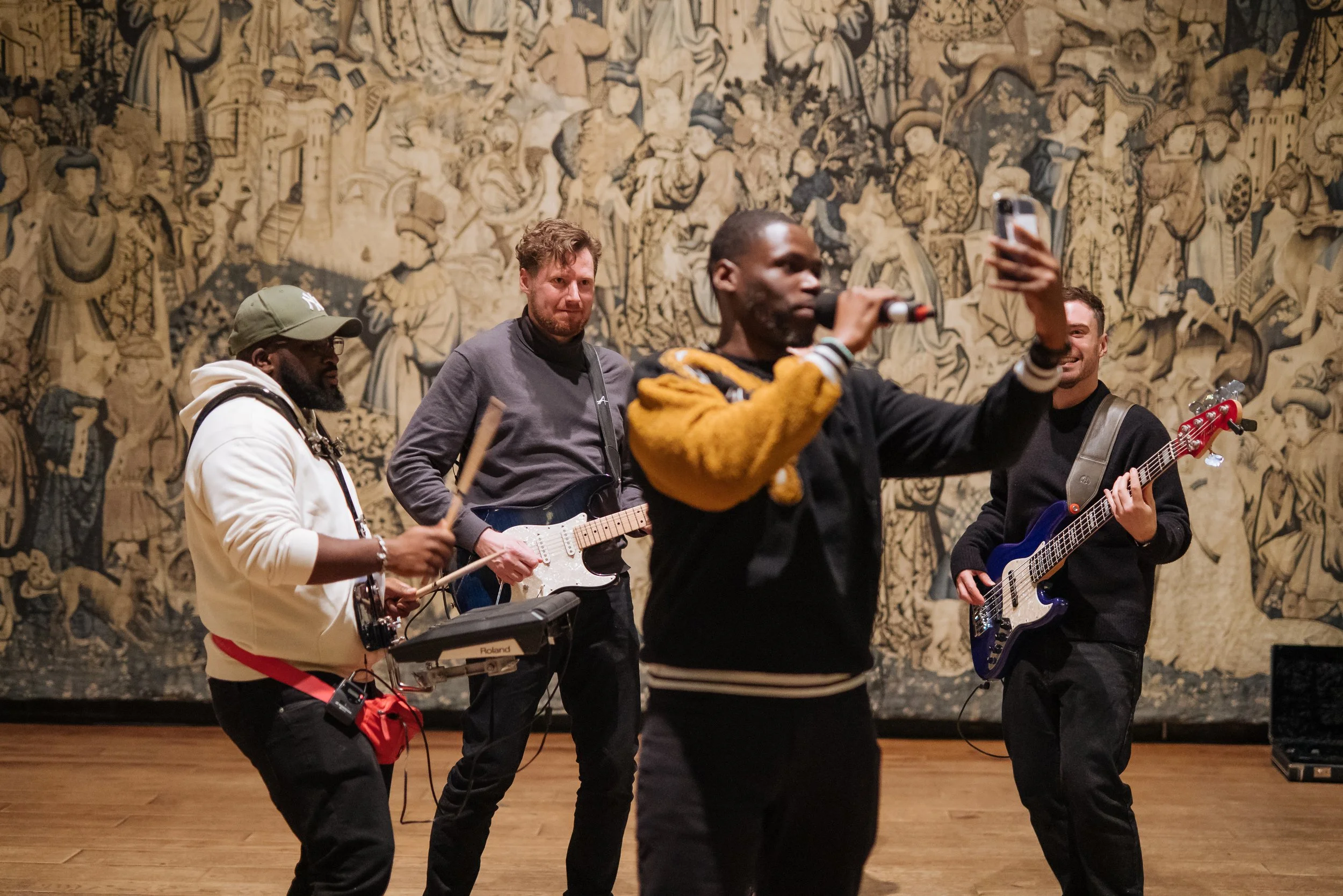 Live band engaging business professionals during a corporate function.