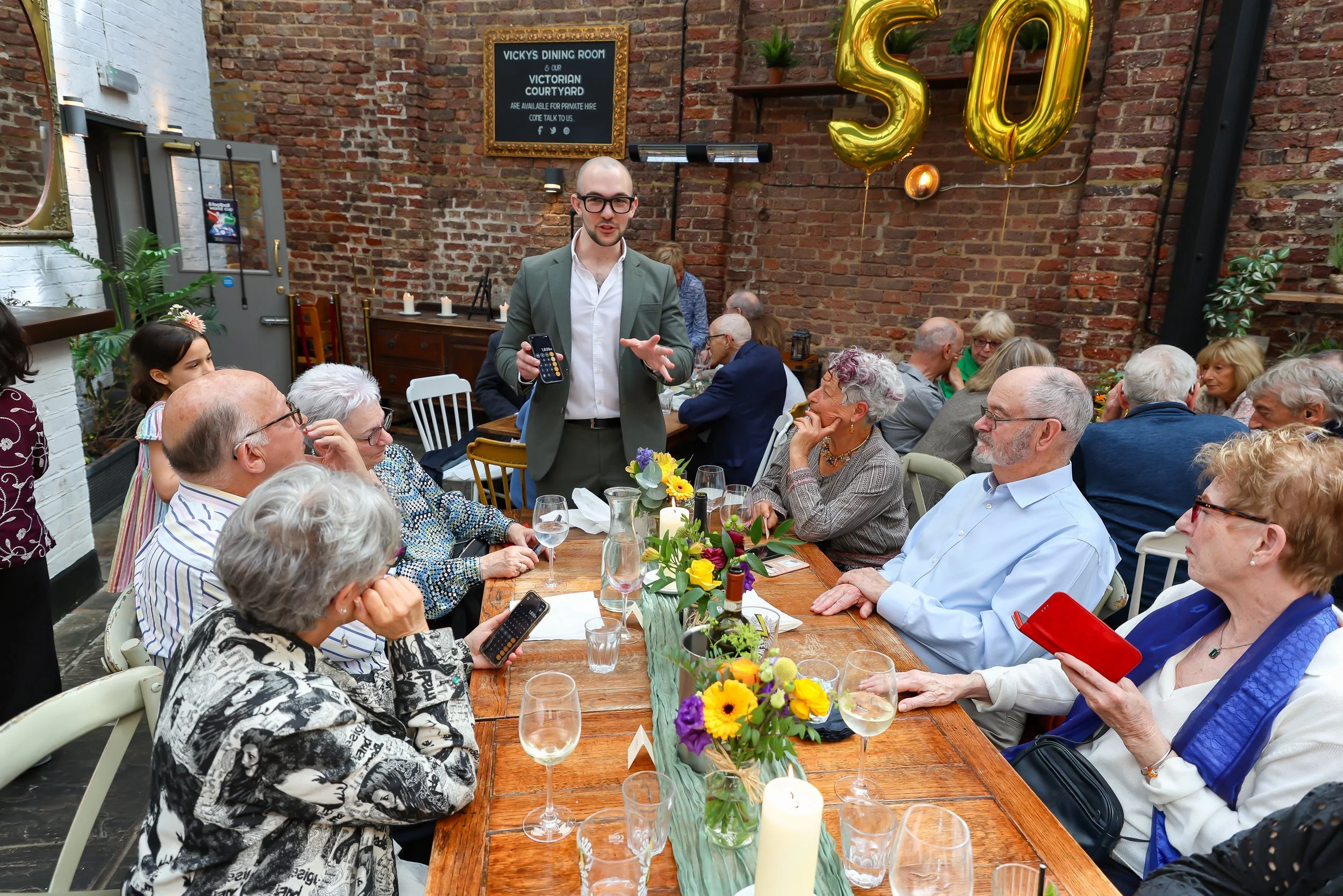 Magician loves roaming around and do his tricks with the guests. 2026-May 3 Rhoda & Baruch Golden Anniversary. 