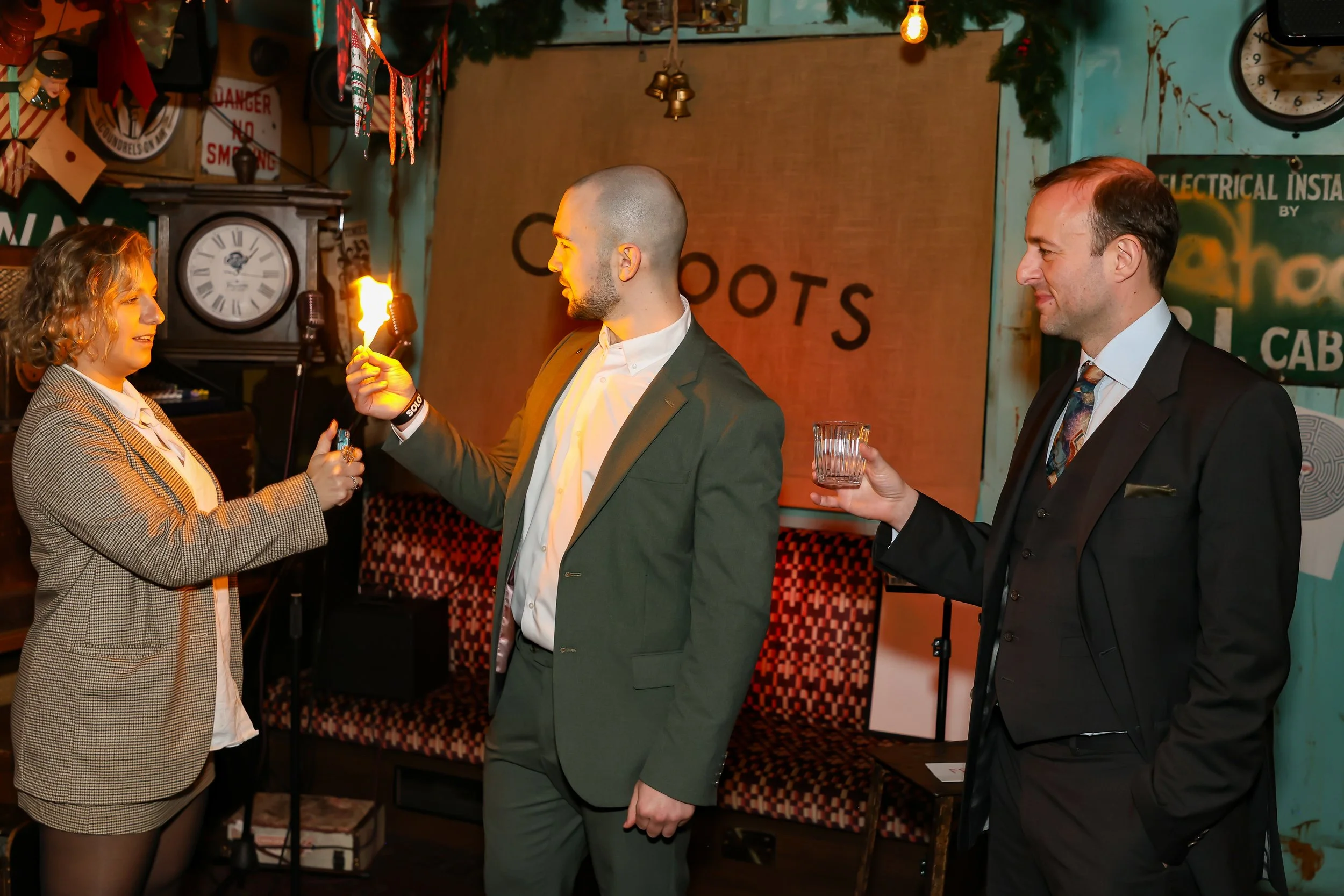 Live fire and ice illusion engaging guests during a corporate reception.