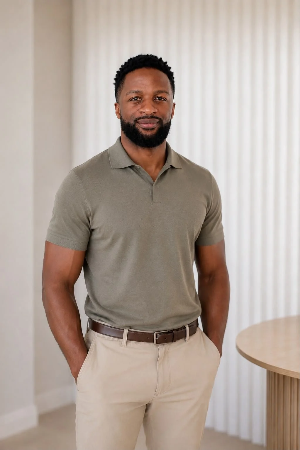 Simba Chisango of Buywell Group standing indoors, wearing a light green polo shirt and beige pants with a brown belt, in front of a background with light-colored curtains.