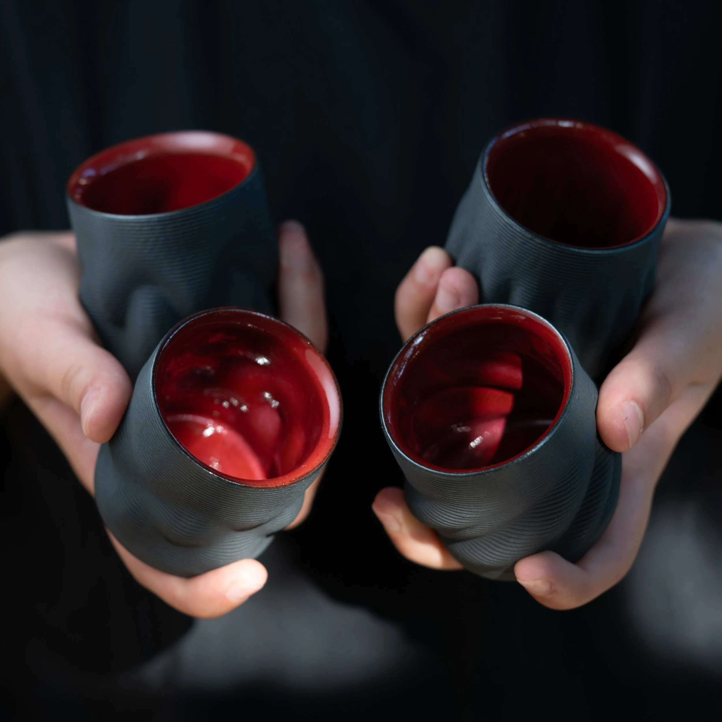 Set Of Four Coffee Cups in Red Garnet