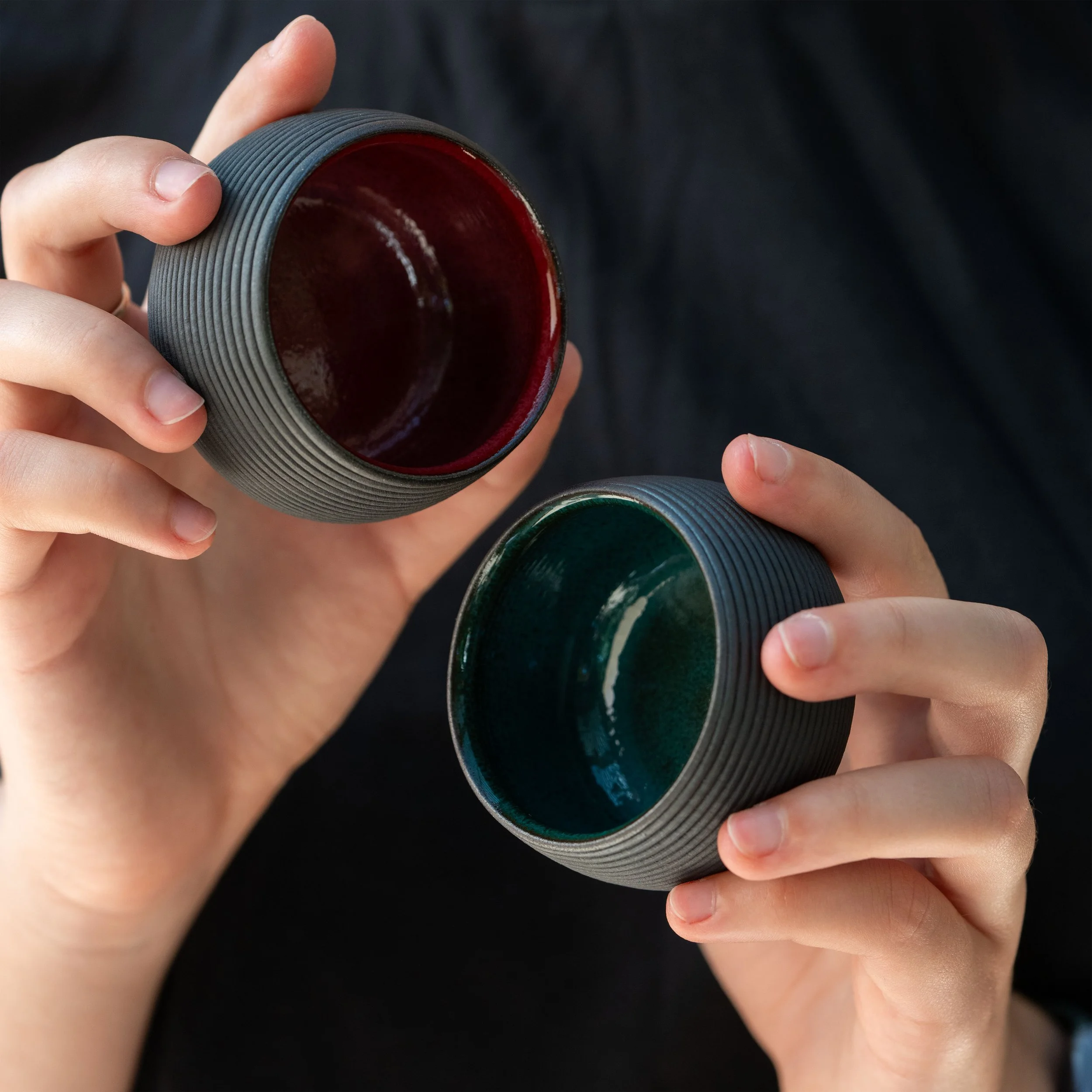 Set of Two Textured Espresso Coffee Cups in Green and Red