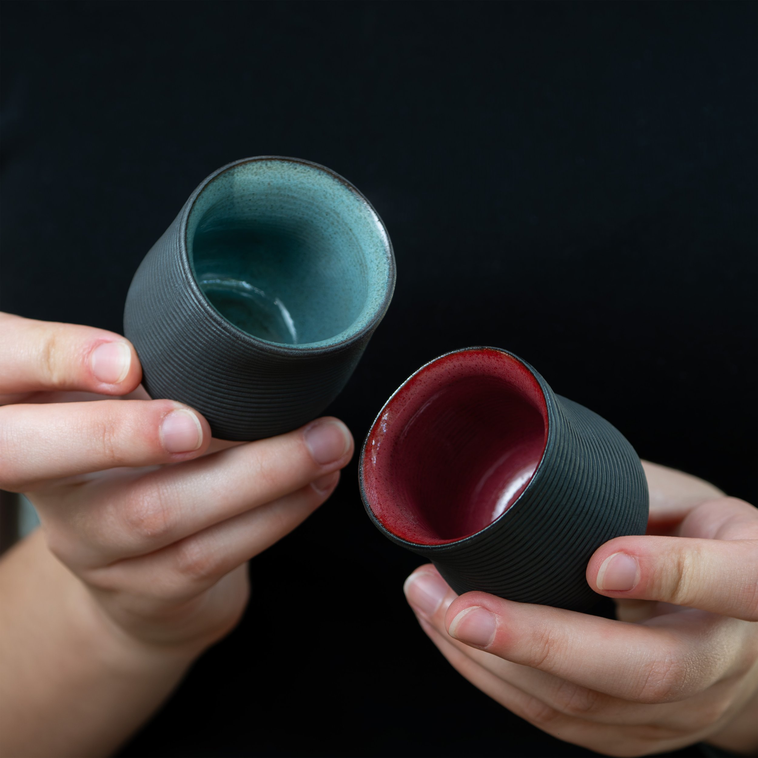 Set Of Two Contour Mini Cups in Garnet Red and Algae Green