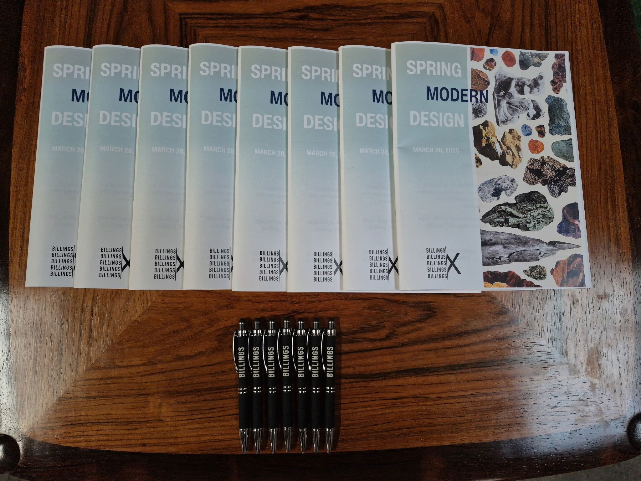 BILLINGS Spring 2026 Modern Design auction catalogs and pens.