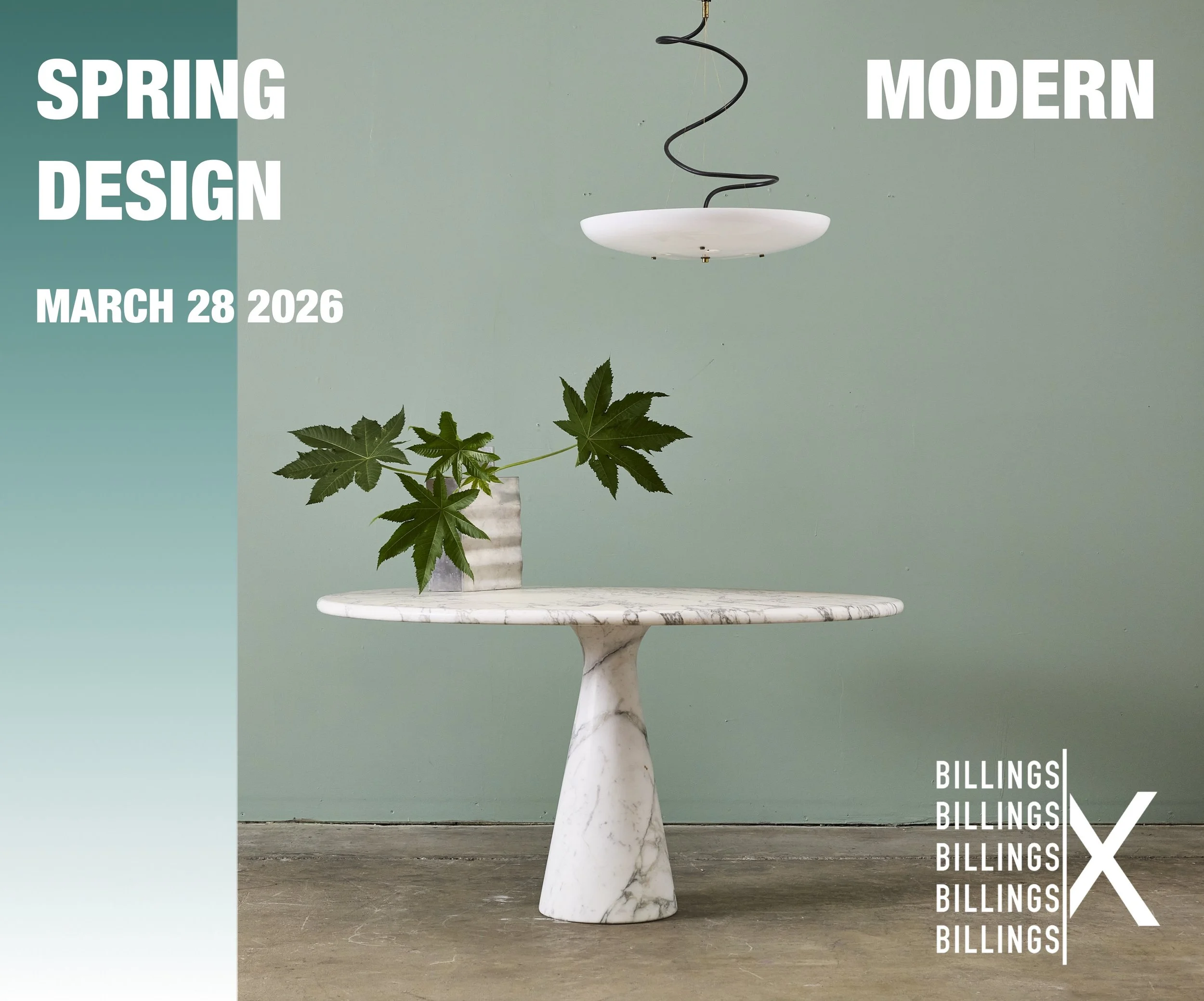 BILLINGS Spring Modern Design Auction 2026 on March 28th. Image featuring a vignette with an Angelo Mangiarotti, 'Eros' dining table, a Stilnovo pendant lamp and a Ettore Sottsass 'Aqua Marina' vase.