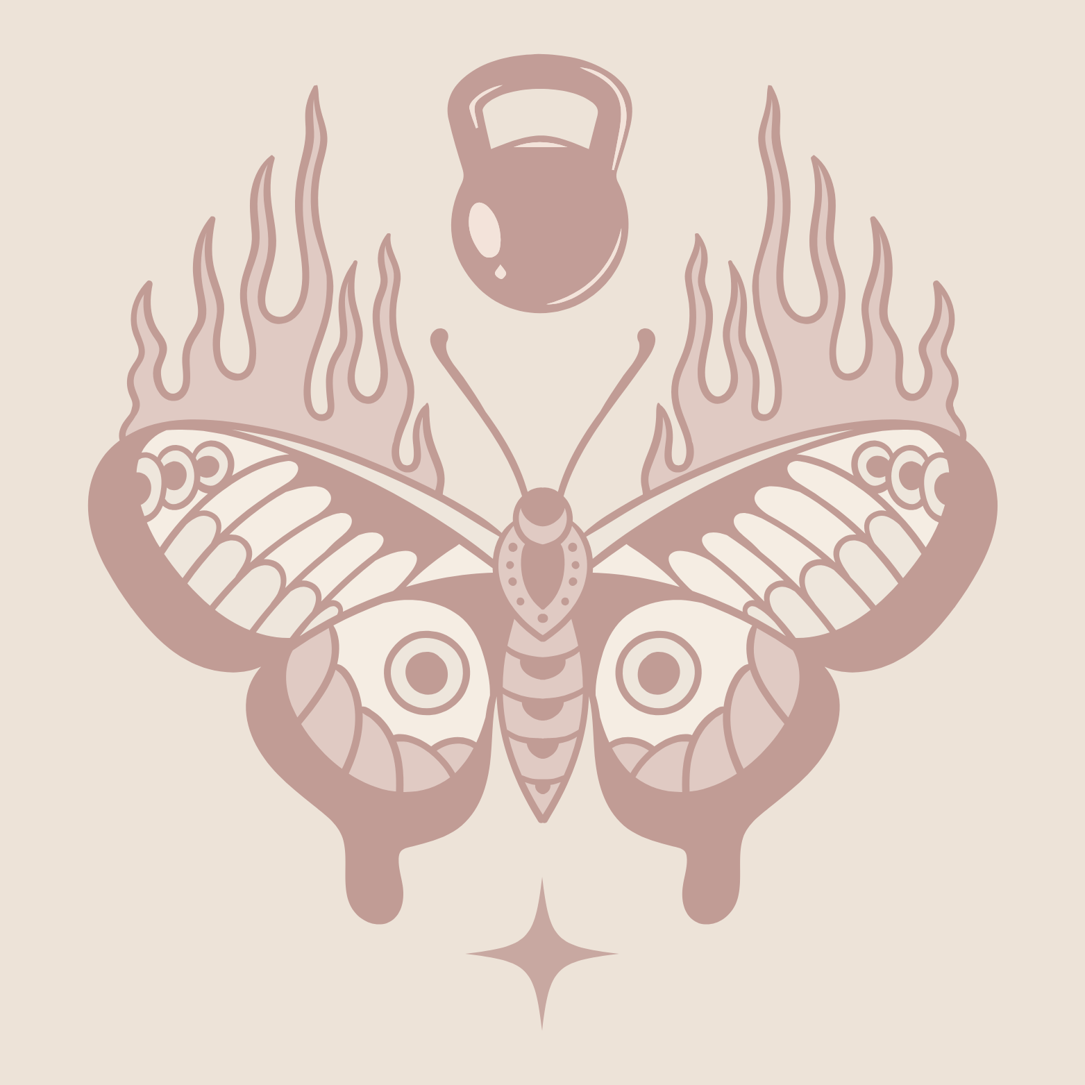 A stylized illustration of a butterfly with geometric patterns, flames behind it, a kettlebell above its head, and a star under its tail on a light background.