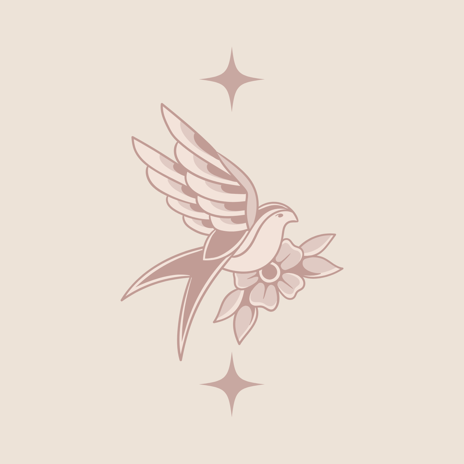 A stylized illustration of a flying swallow bird with a flower, surrounded by star-shaped accents on a light beige background.