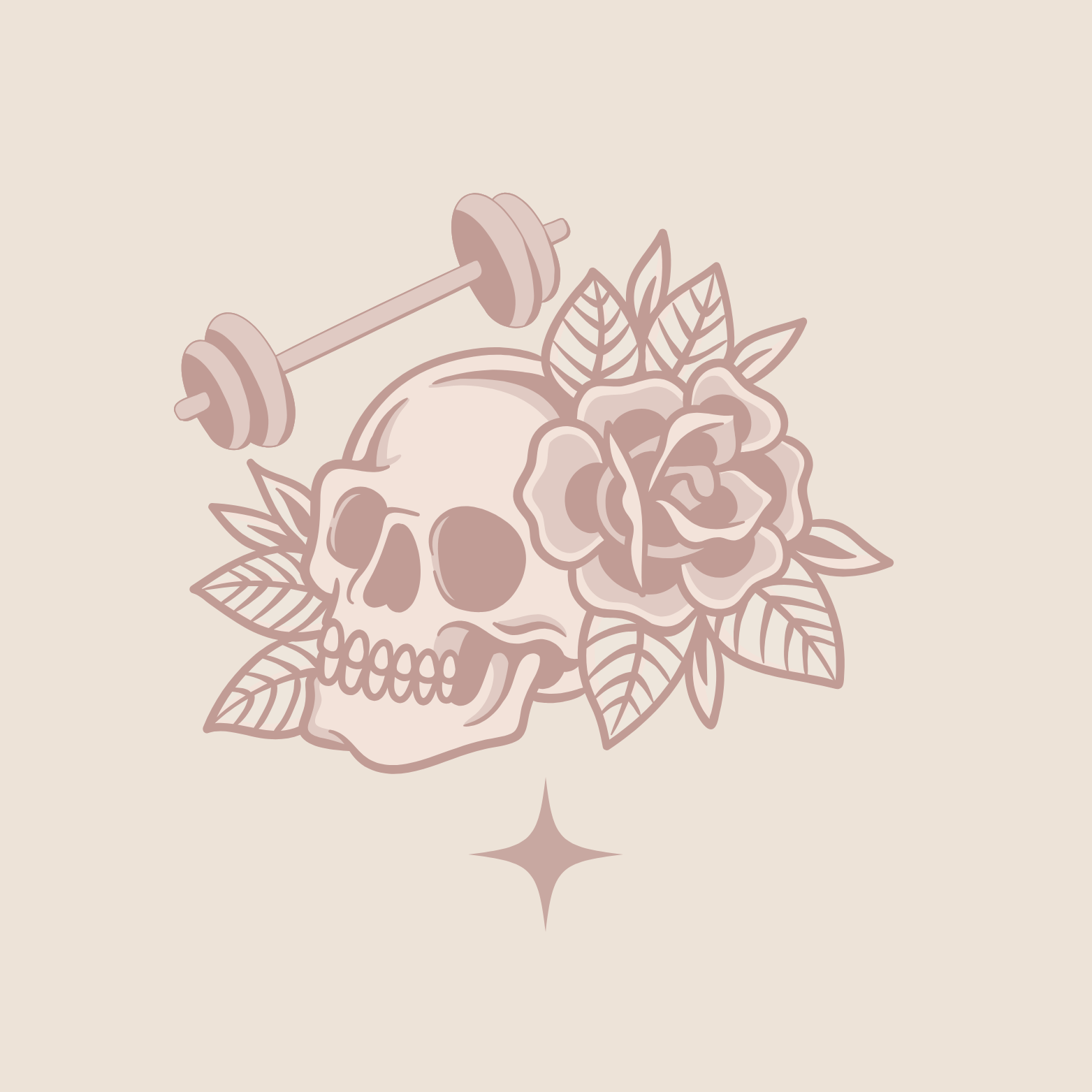 Tattoo design featuring a skull, a flower, leaves, a dumbbell, and a star in a monochrome pinkish-brown color scheme.