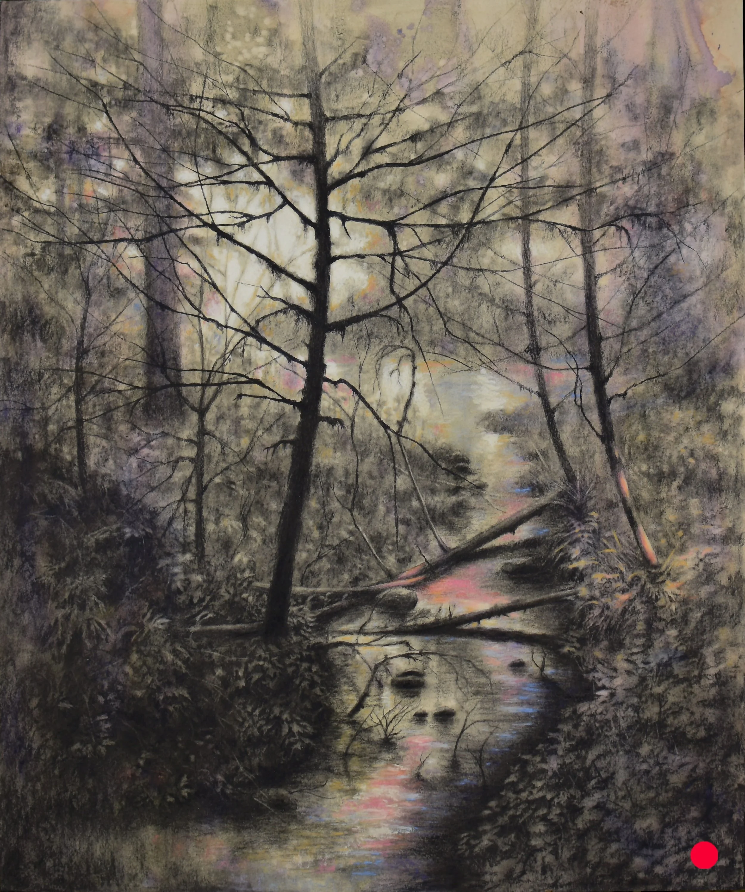 Wellspring, 2025. Watercolor, charcoal, pastel, and cold wax on paper, mounted on cradled board -- 24 x 20 in. (SOLD)