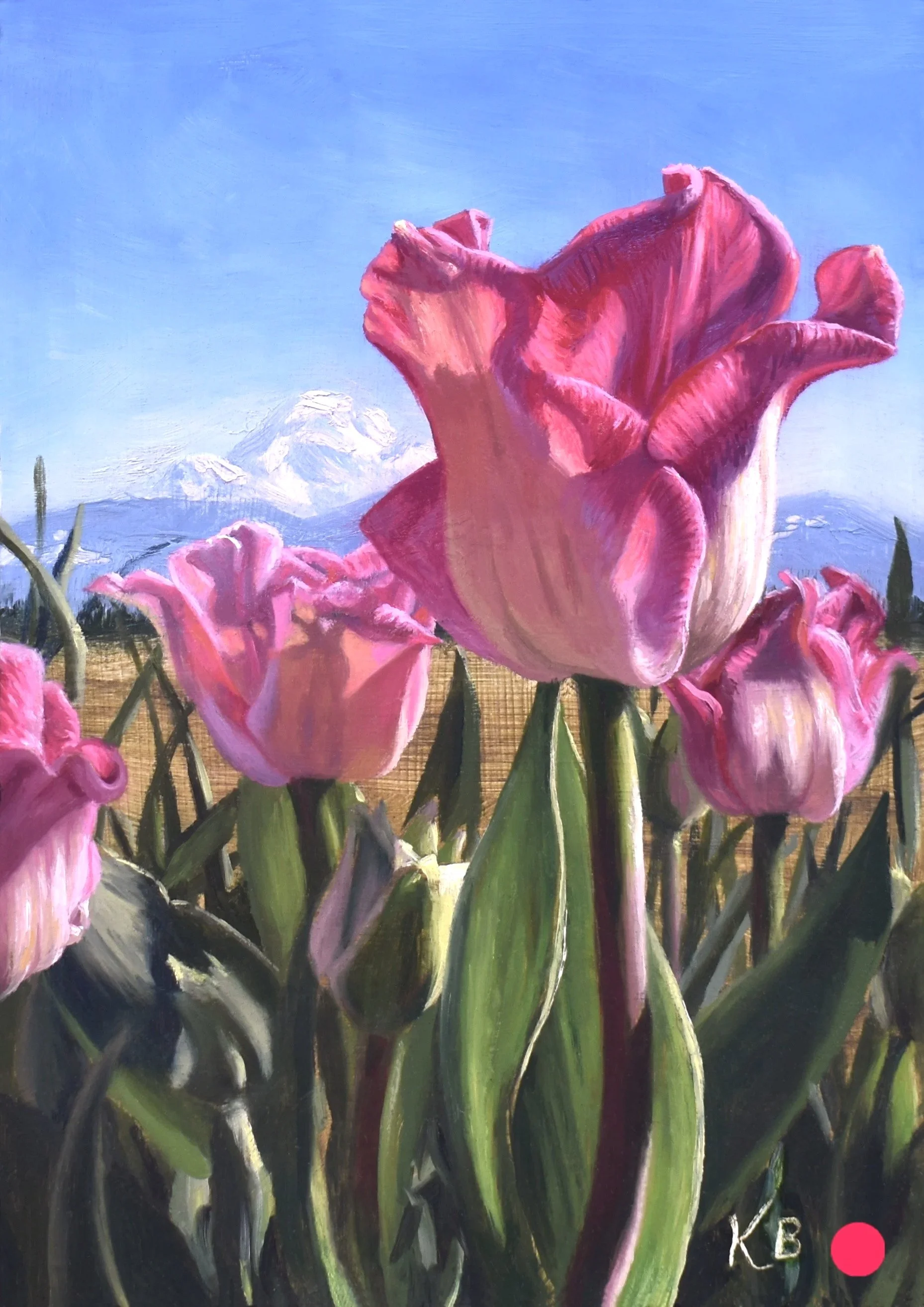 Mt. Baker and Tulip Blooms, 2024. Oil on cradled board -- 7 x 5 in. (SOLD)